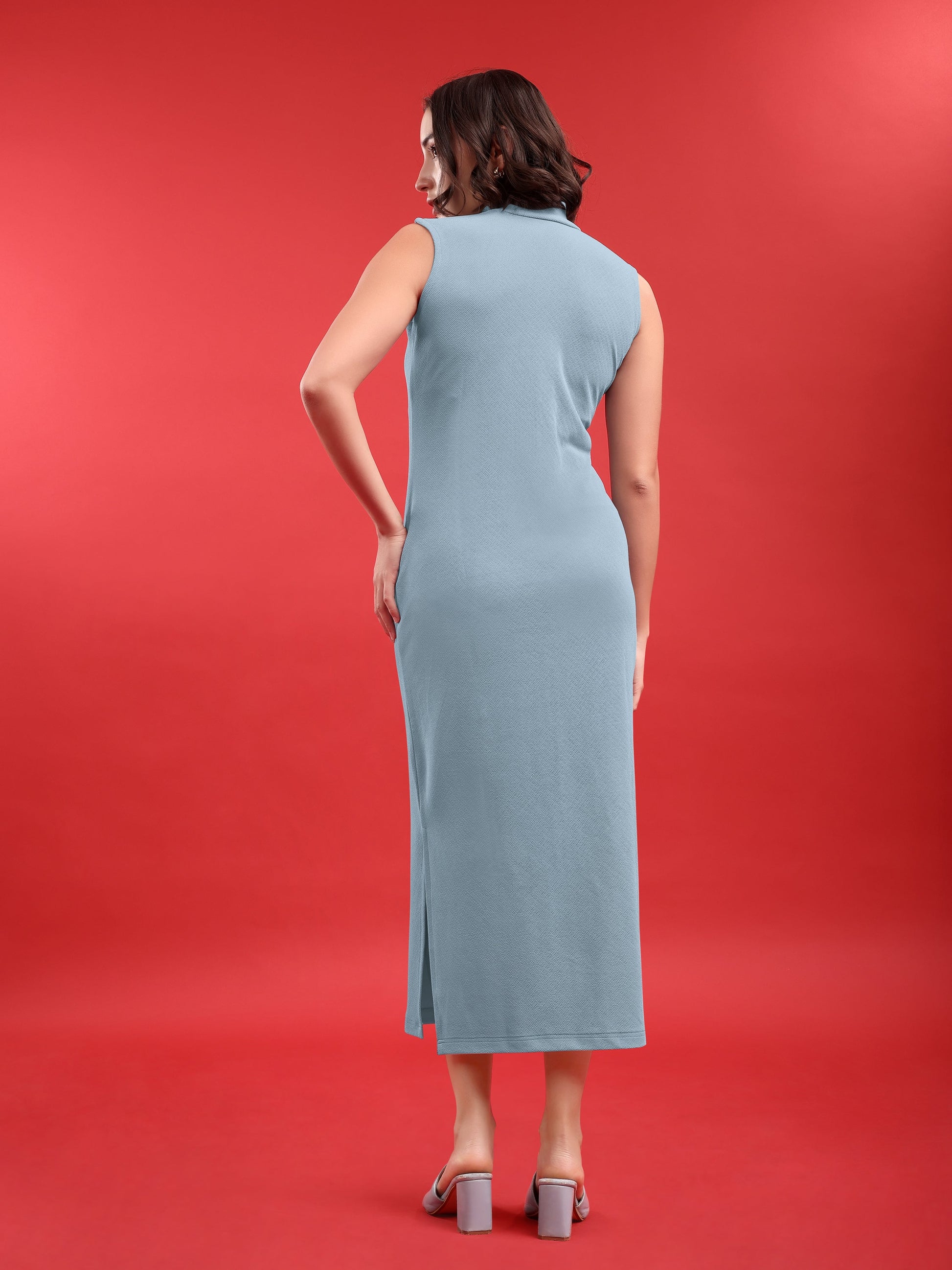Lycra Blend Below Knee High Neck Dress