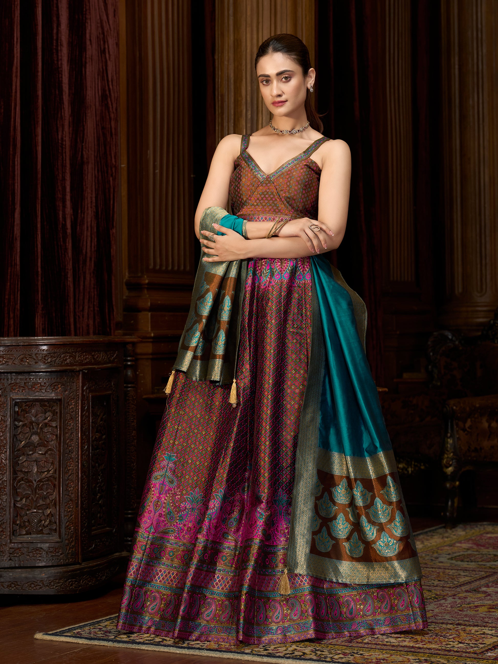 Women's Brown Kanjiwaram Lehengas