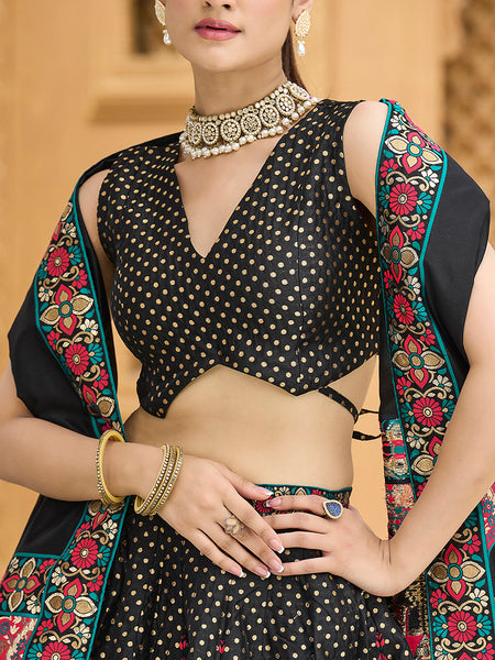 Jacquard Emblished V-Neck Sleeveless Semi-Stitched Lehenga Choli