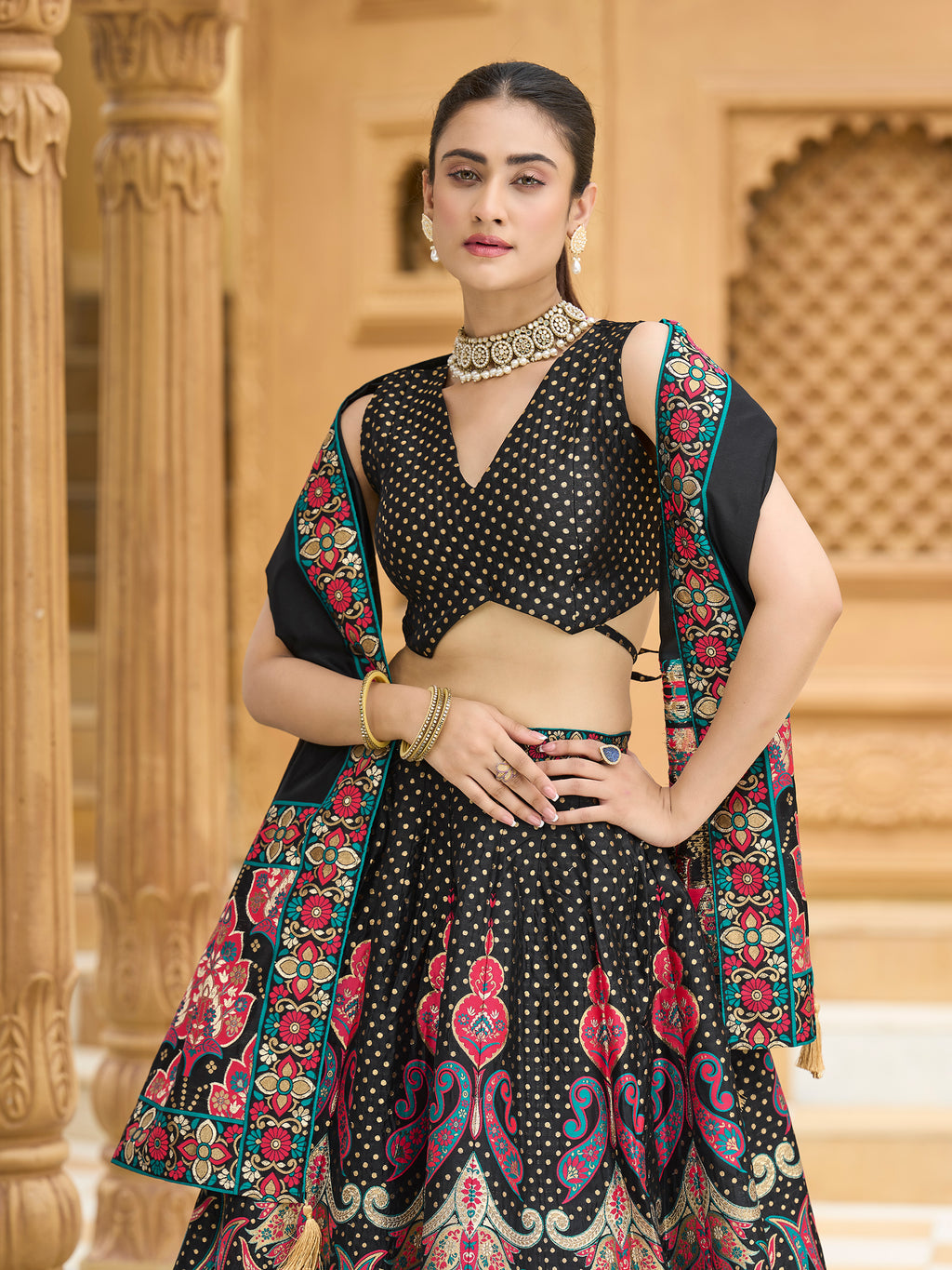Women's Black Jacquard Crape Lehengas