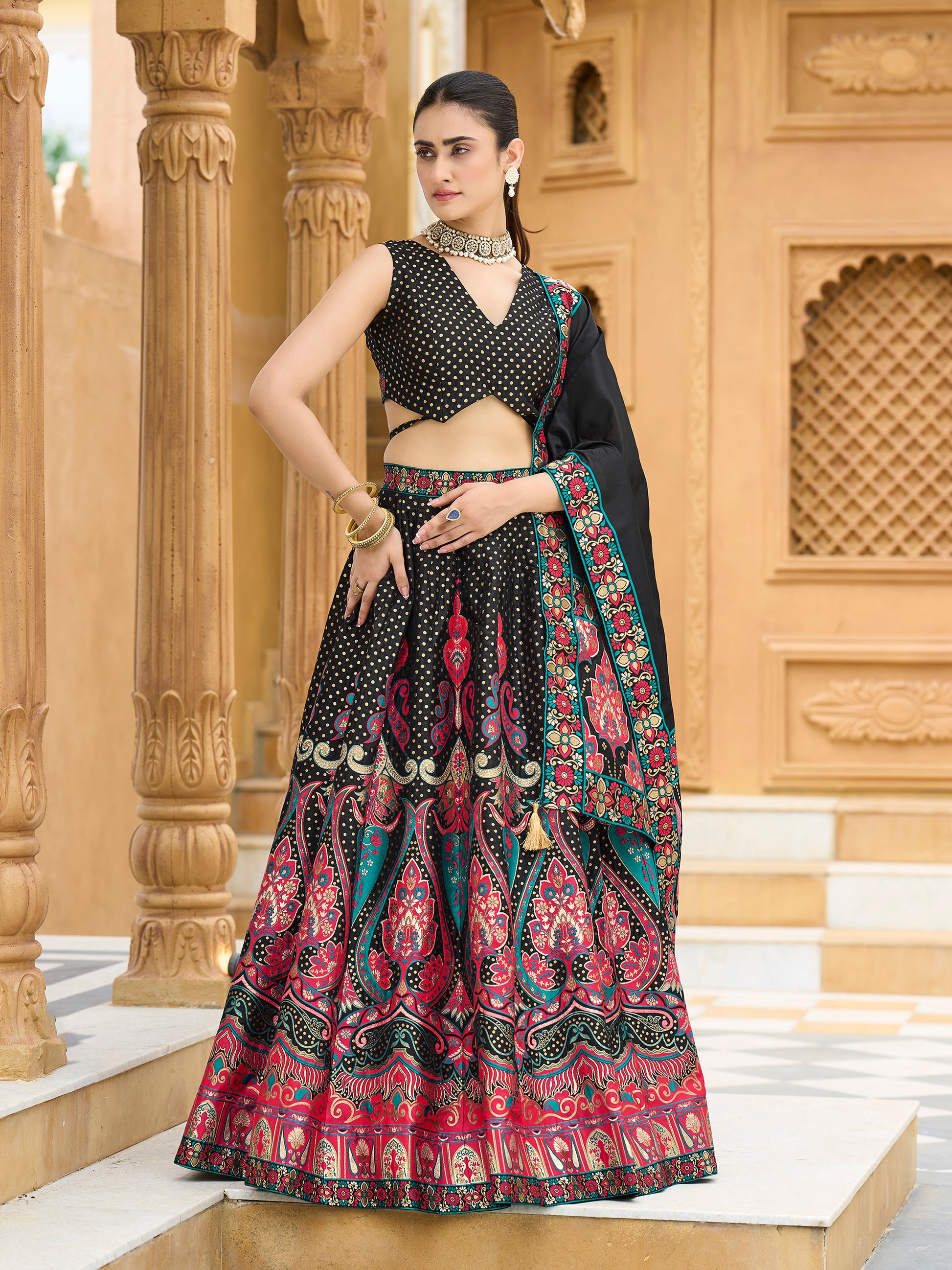Women's Black Jacquard Crape Lehengas