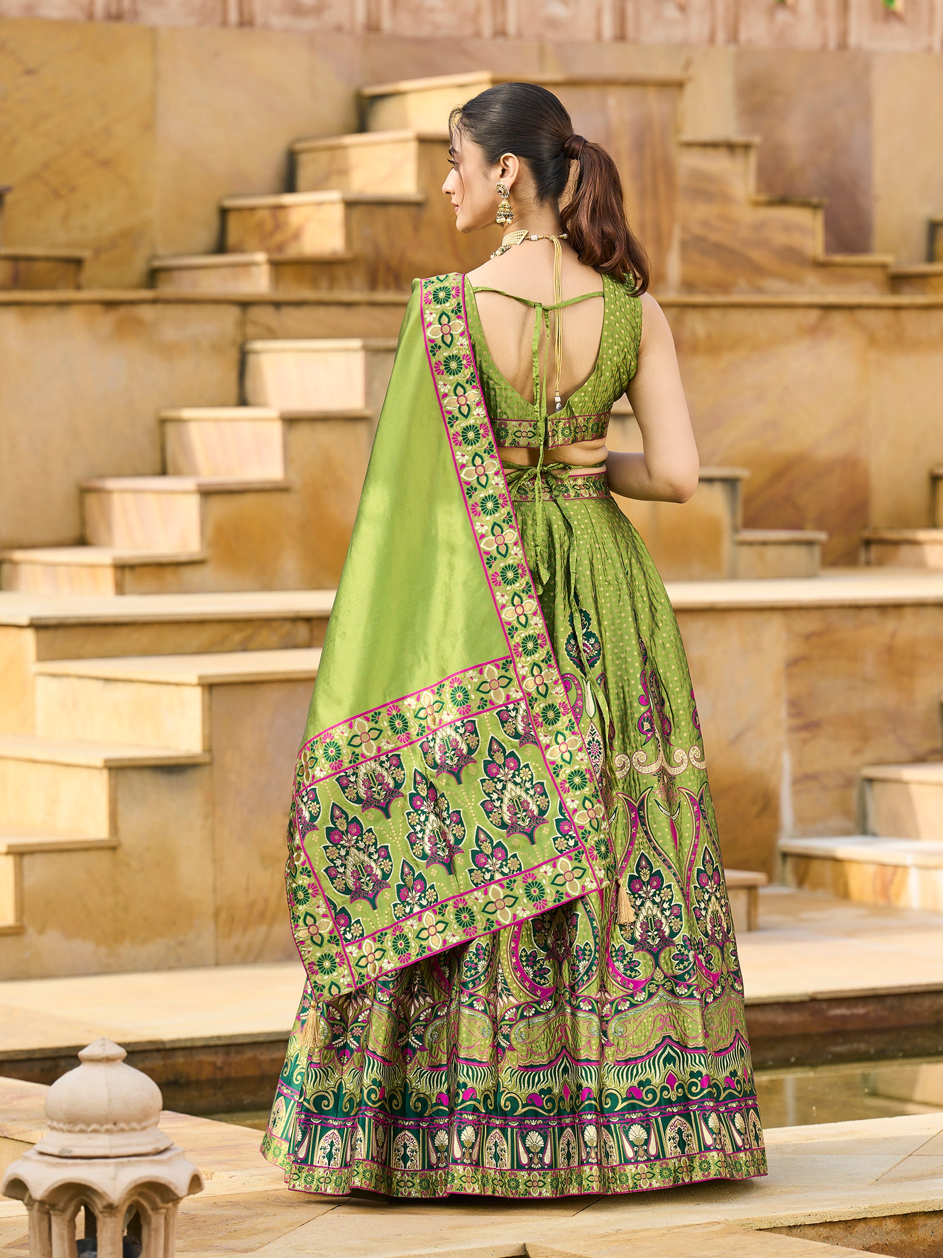 Women's Mehndi Jacquard Crape Lehengas