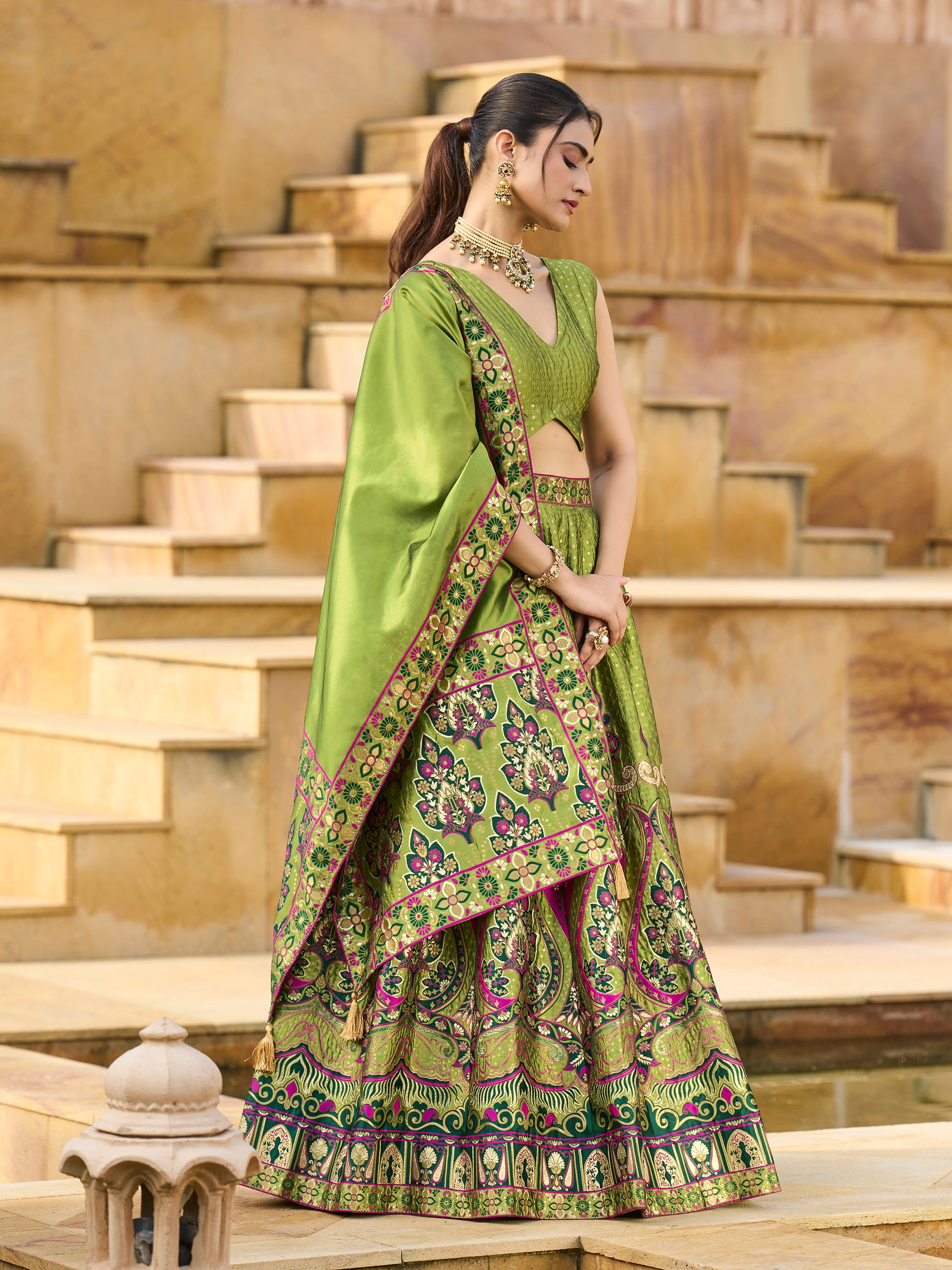 Women's Mehndi Jacquard Crape Lehengas