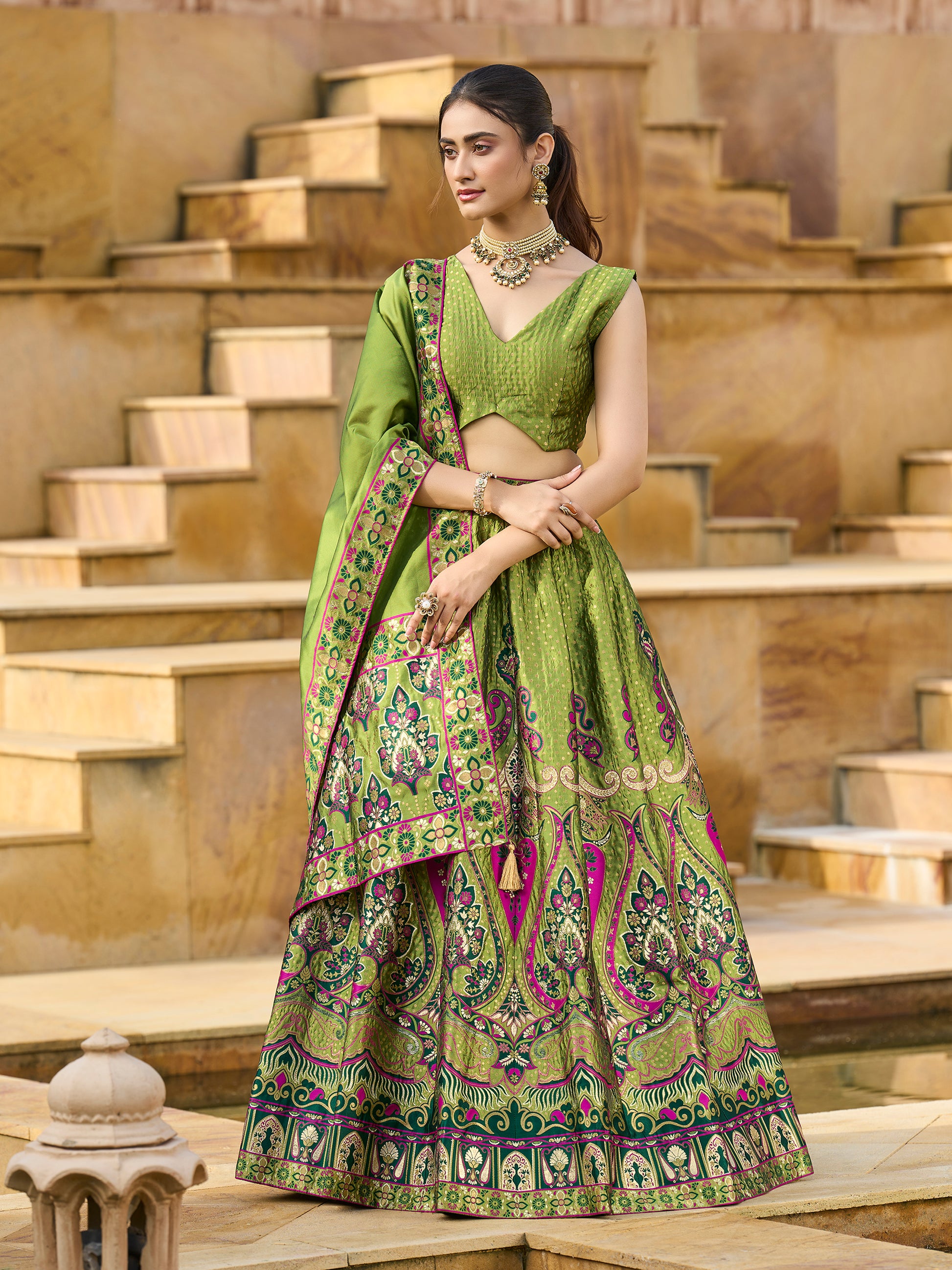 Women's Mehndi Jacquard Crape Lehengas
