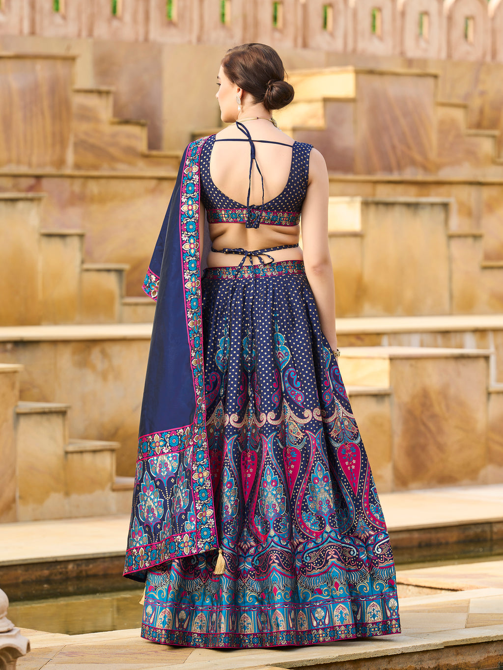 Women's Navy-Blue Jacquard Crape Lehengas