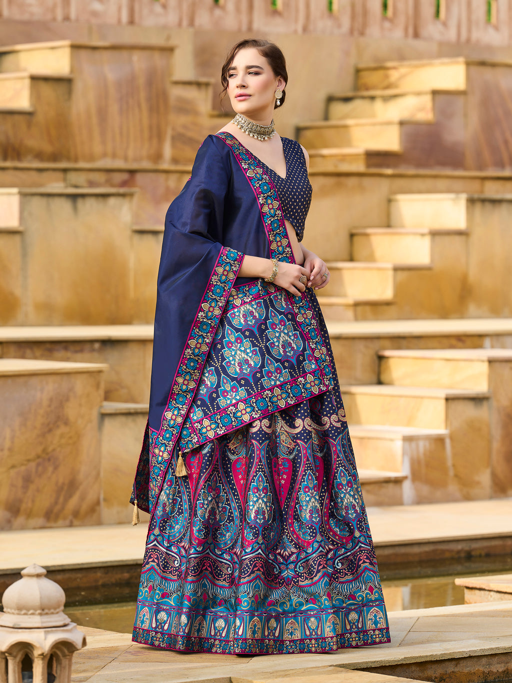 Women's Navy-Blue Jacquard Crape Lehengas