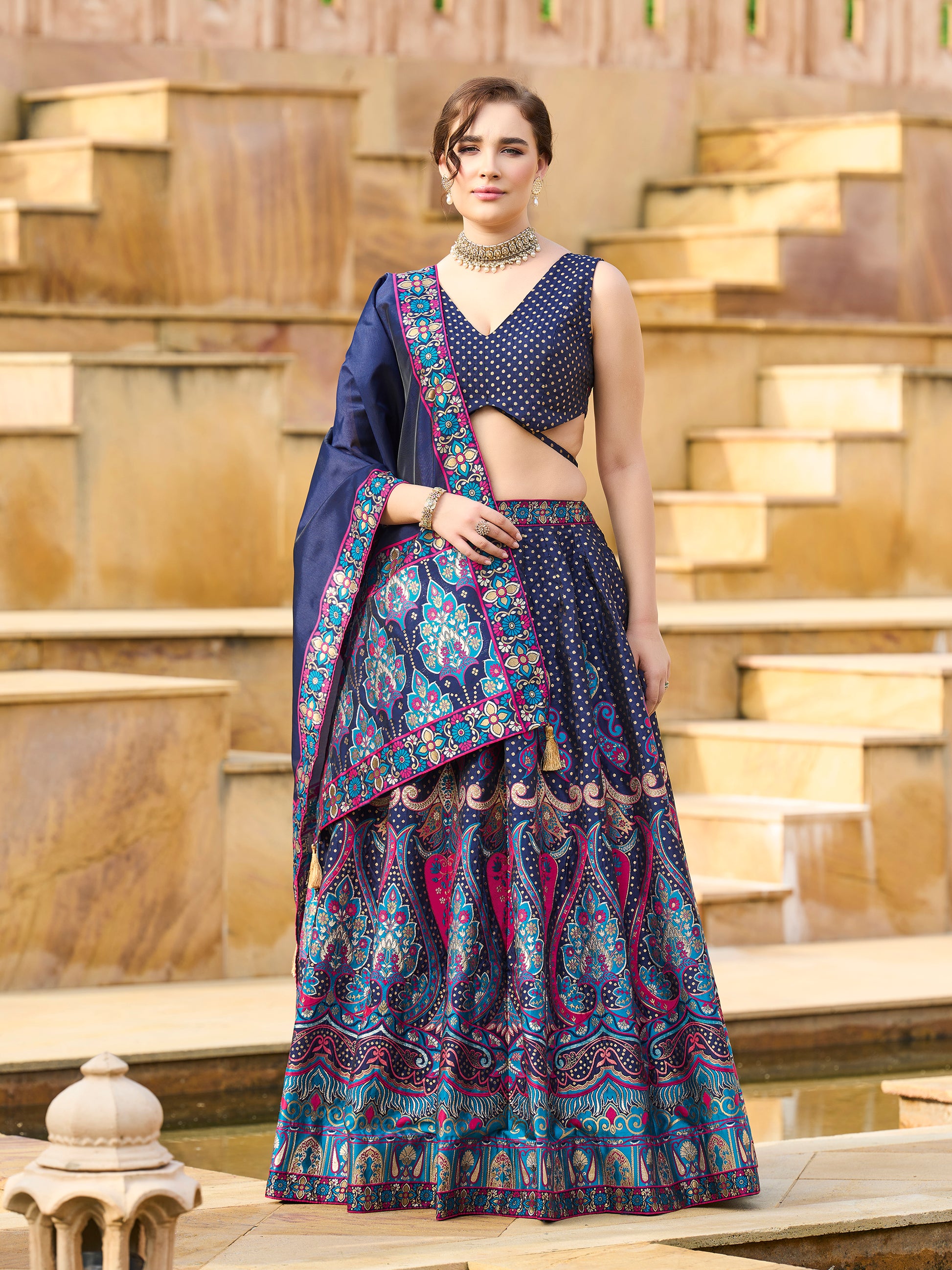 Women's Navy-Blue Jacquard Crape Lehengas