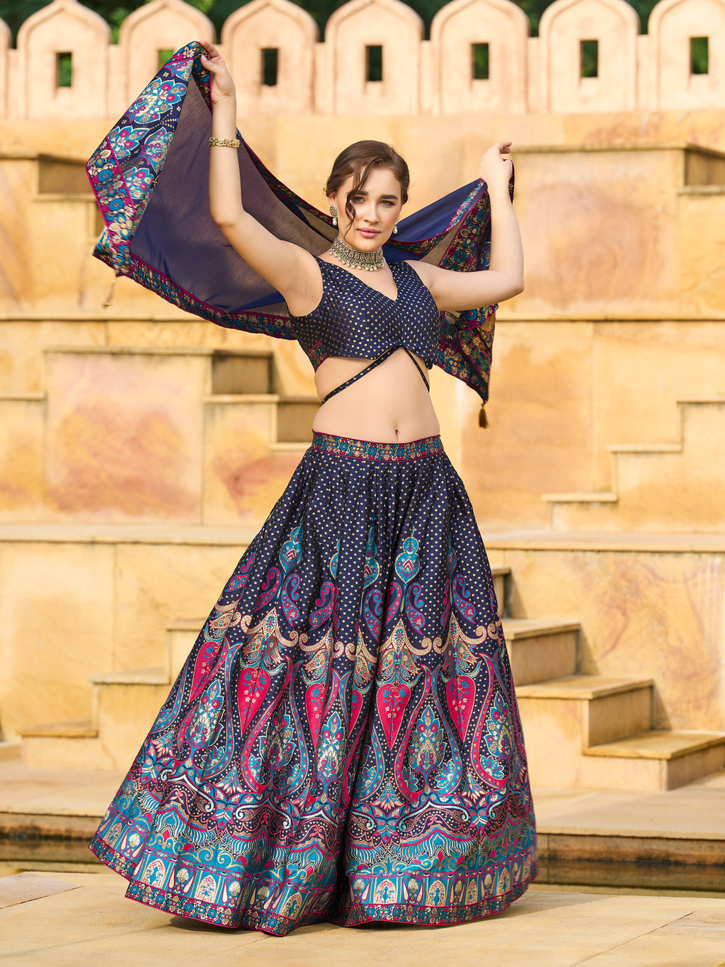 Women's Navy-Blue Jacquard Crape Lehengas