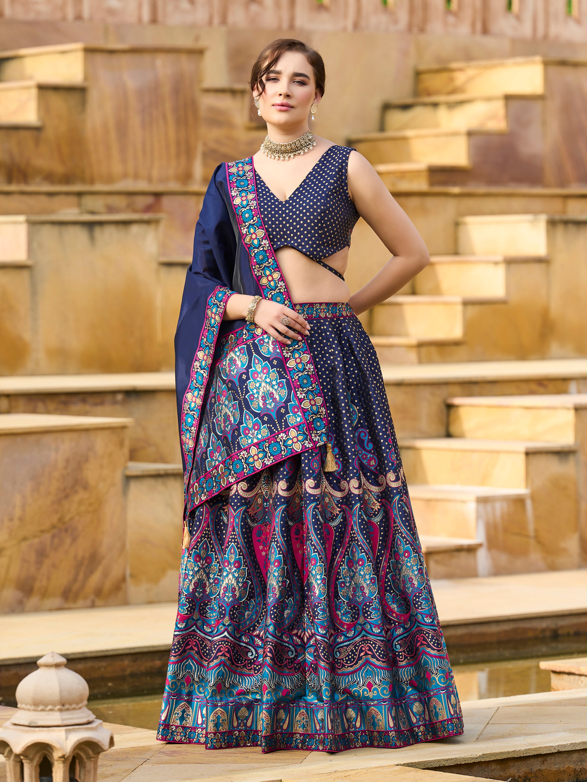 Women's Navy-Blue Jacquard Crape Lehengas