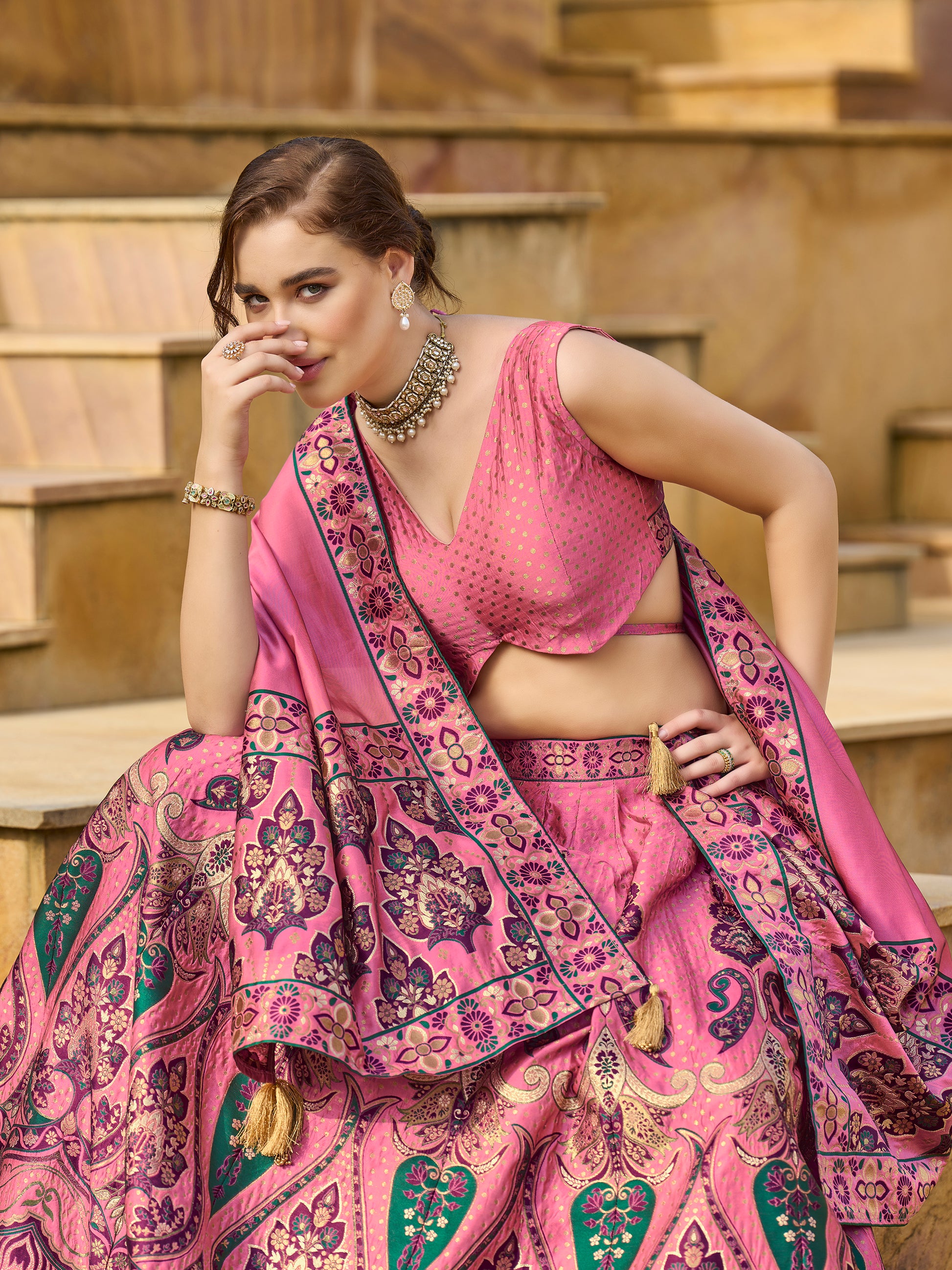 Women's Pink Jacquard Crape Lehengas