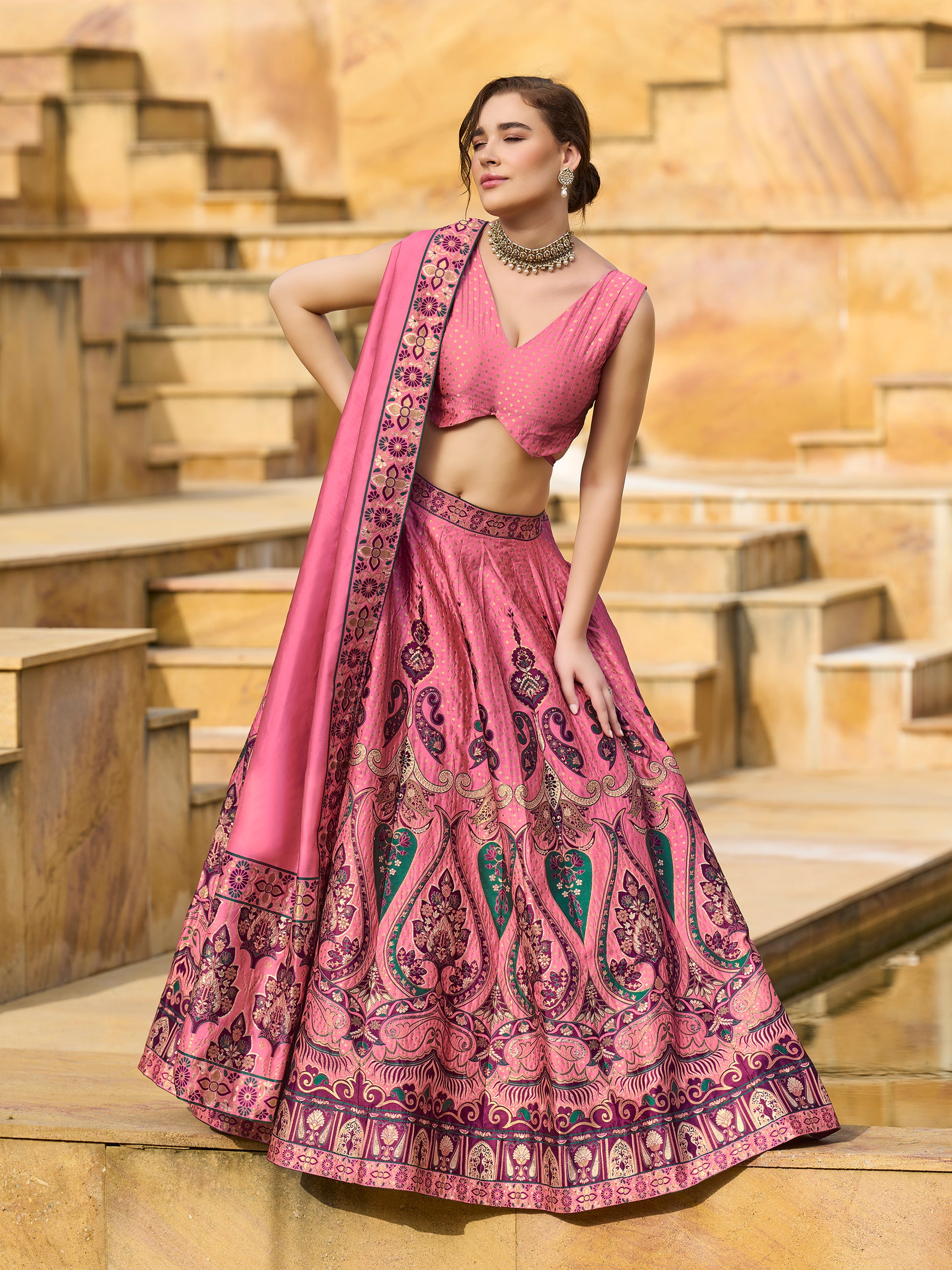 Women's Pink Jacquard Crape Lehengas