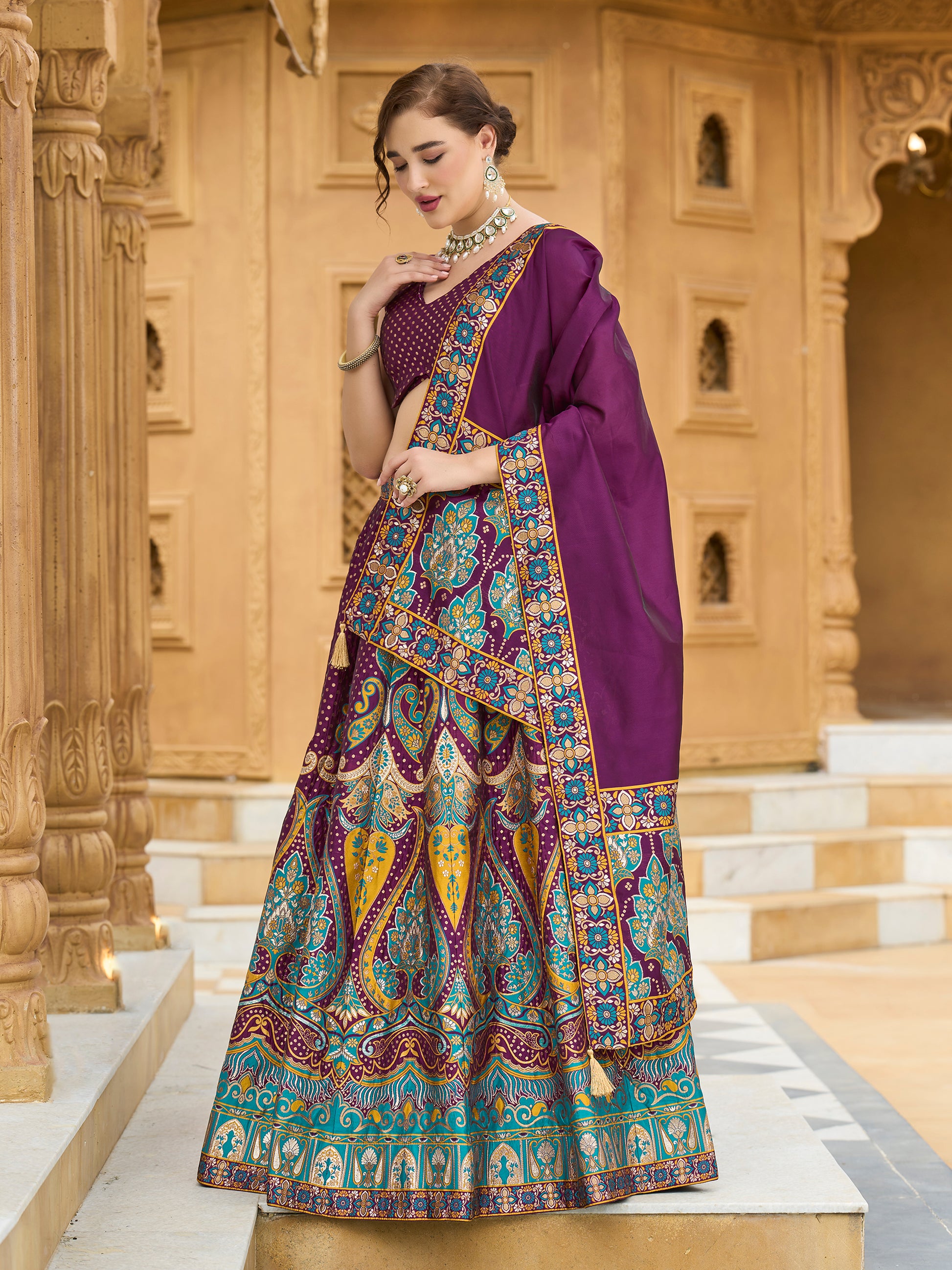 Women's Wine Jacquard Crape Lehengas