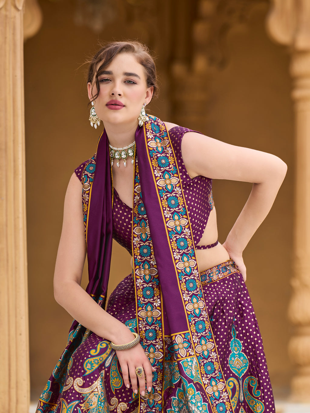 Women's Wine Jacquard Crape Lehengas