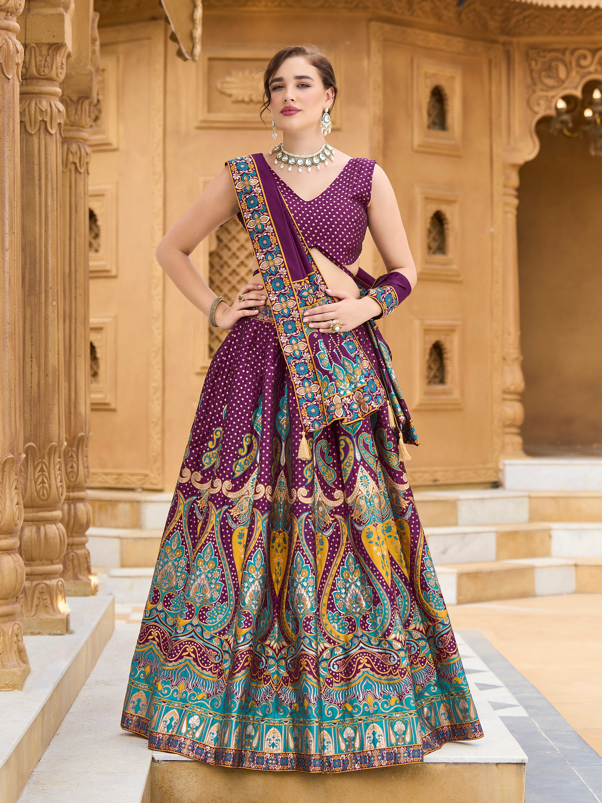 Women's Wine Jacquard Crape Lehengas
