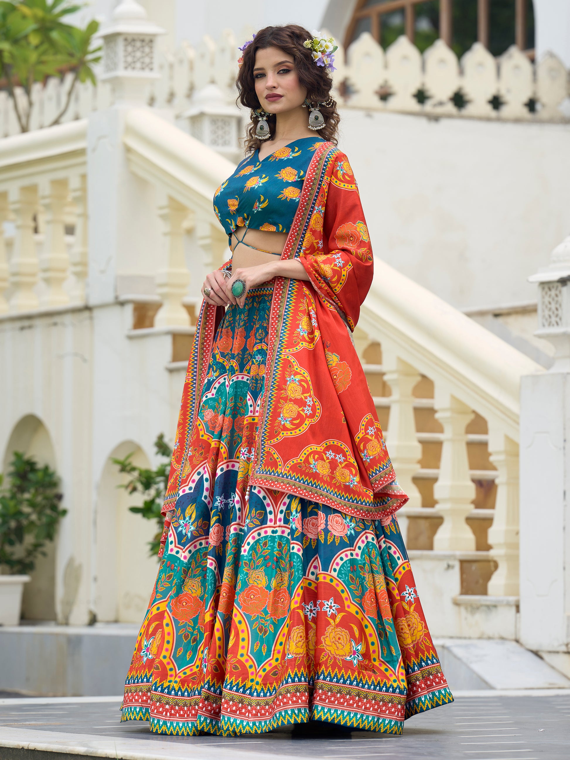 Women's Blue Chinon Lehengas