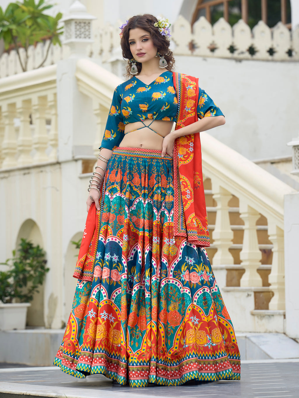 Women's Blue Chinon Lehengas