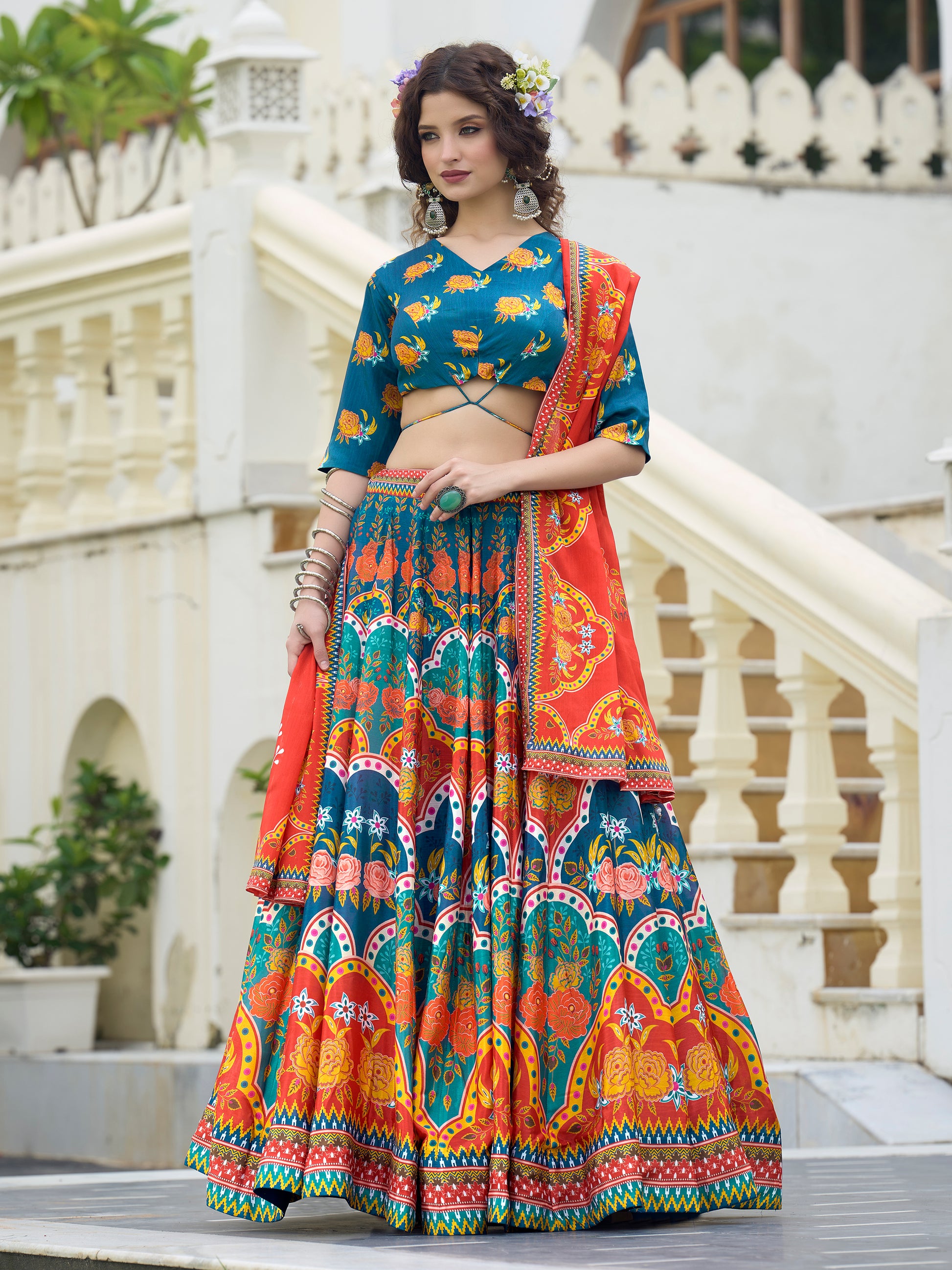 Women's Blue Chinon Lehengas