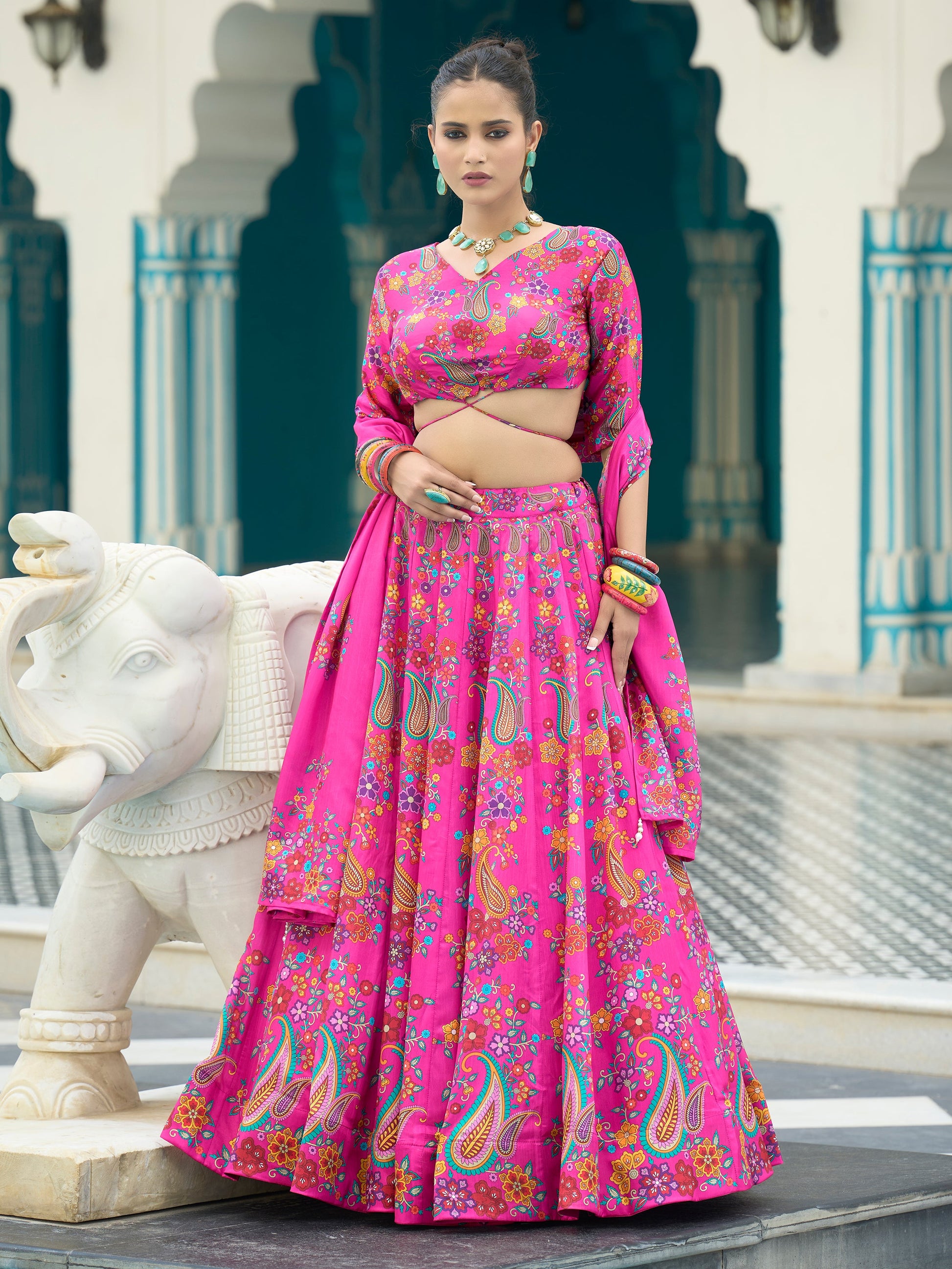 Women's Pink Chinon Lehengas