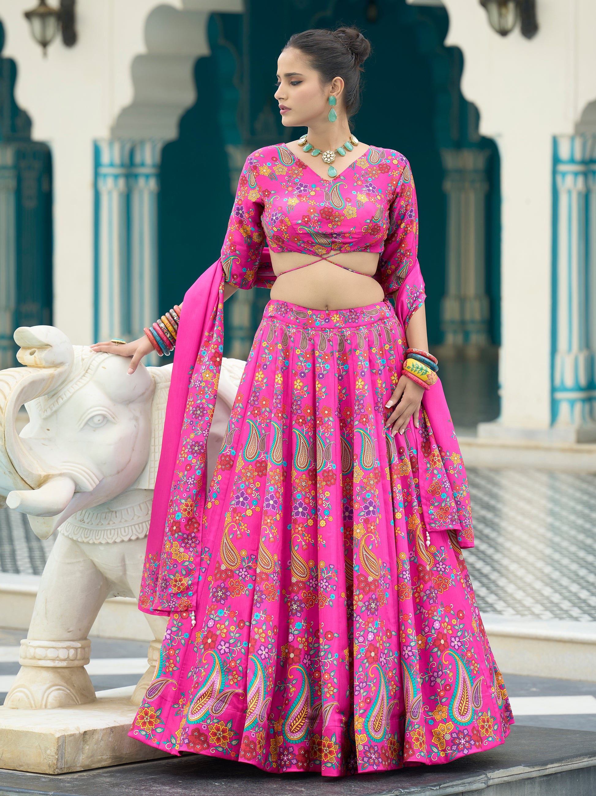 Women's Pink Chinon Lehengas