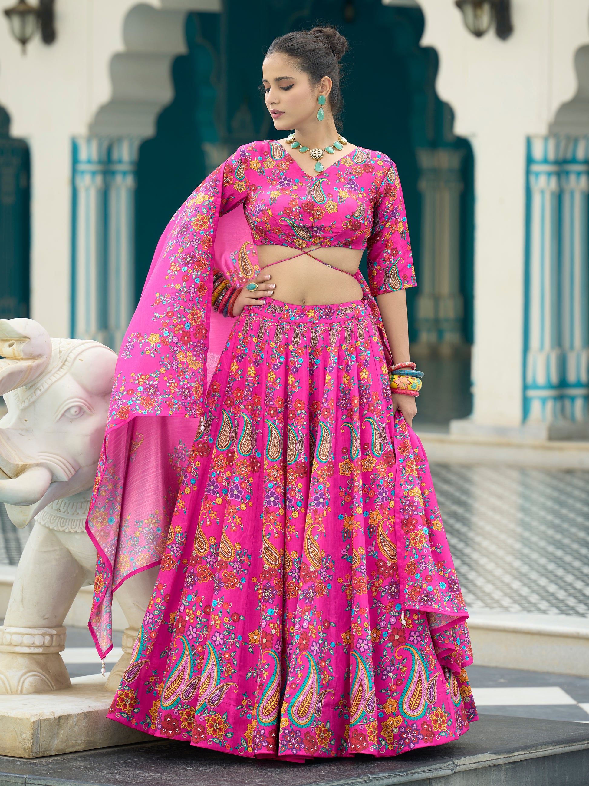 Women's Pink Chinon Lehengas