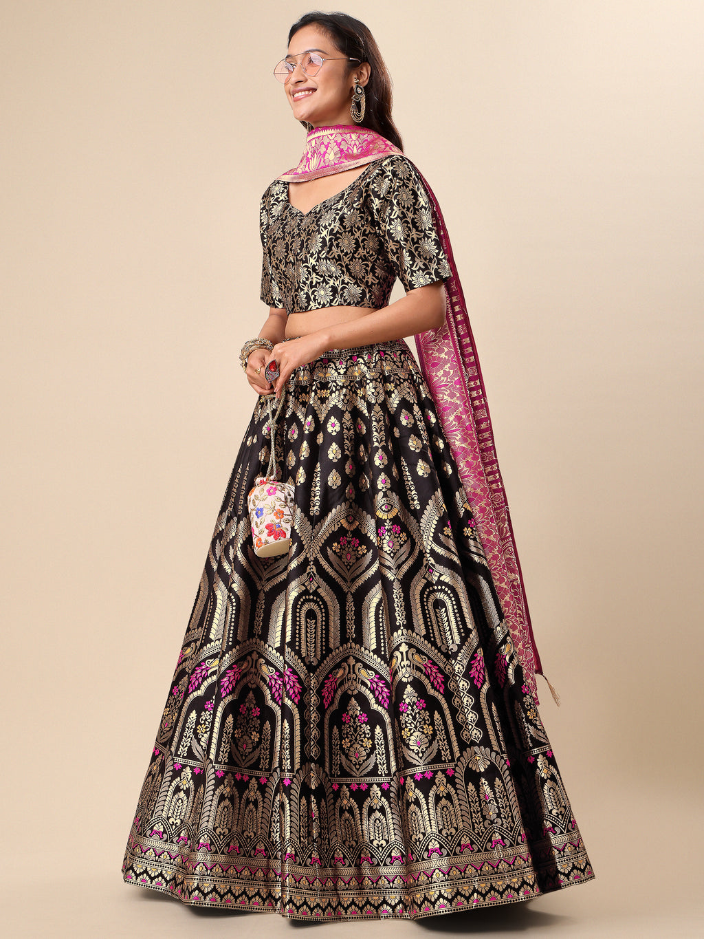 Women Black Embellished Print Lehenga