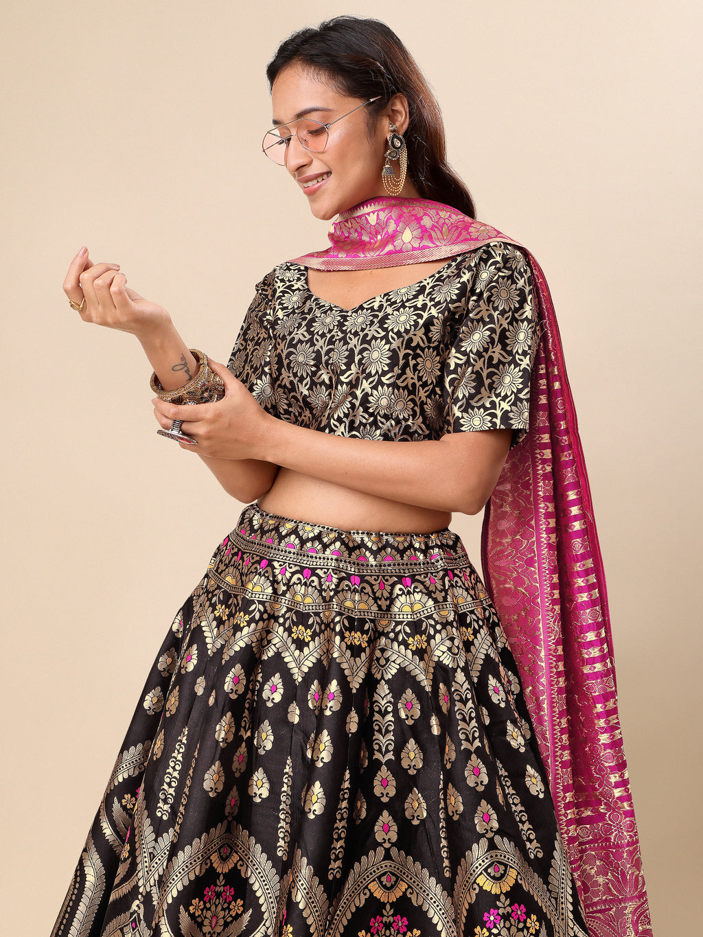 Women Black Embellished Print Lehenga