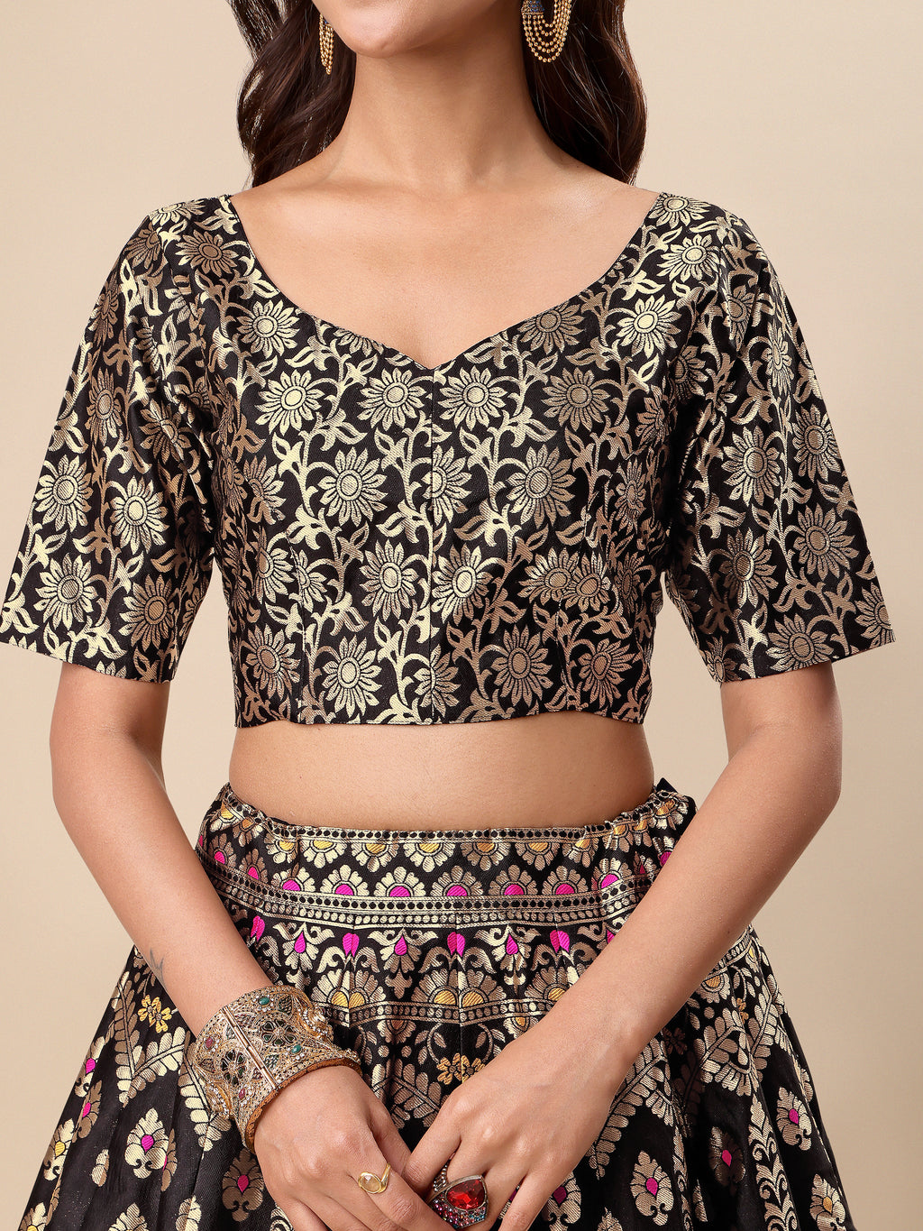 Women Black Embellished Print Lehenga