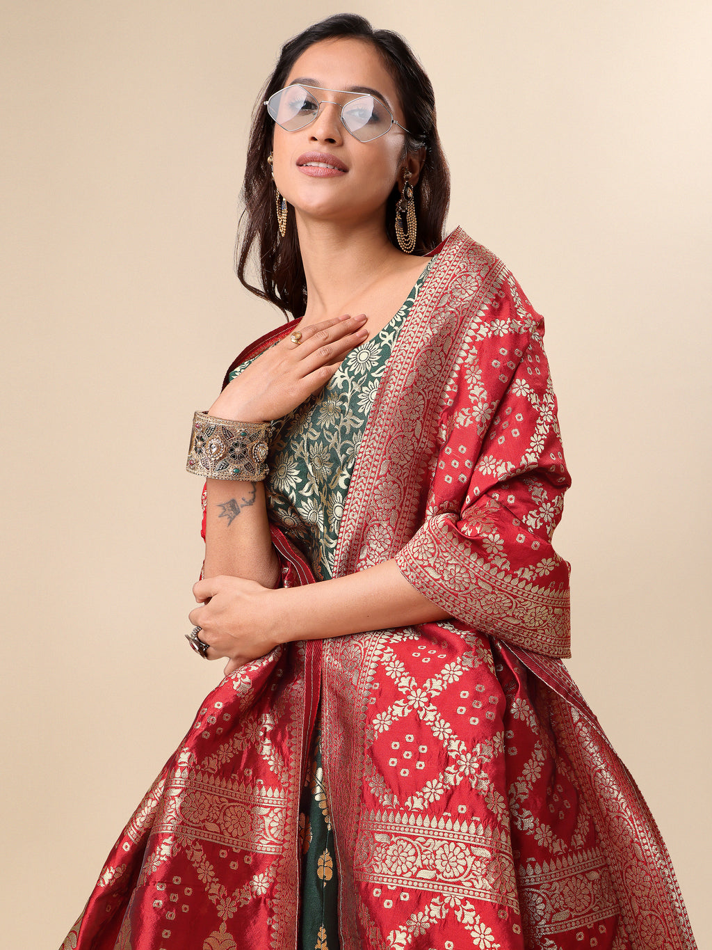 Women Green Embellished Print Lehenga