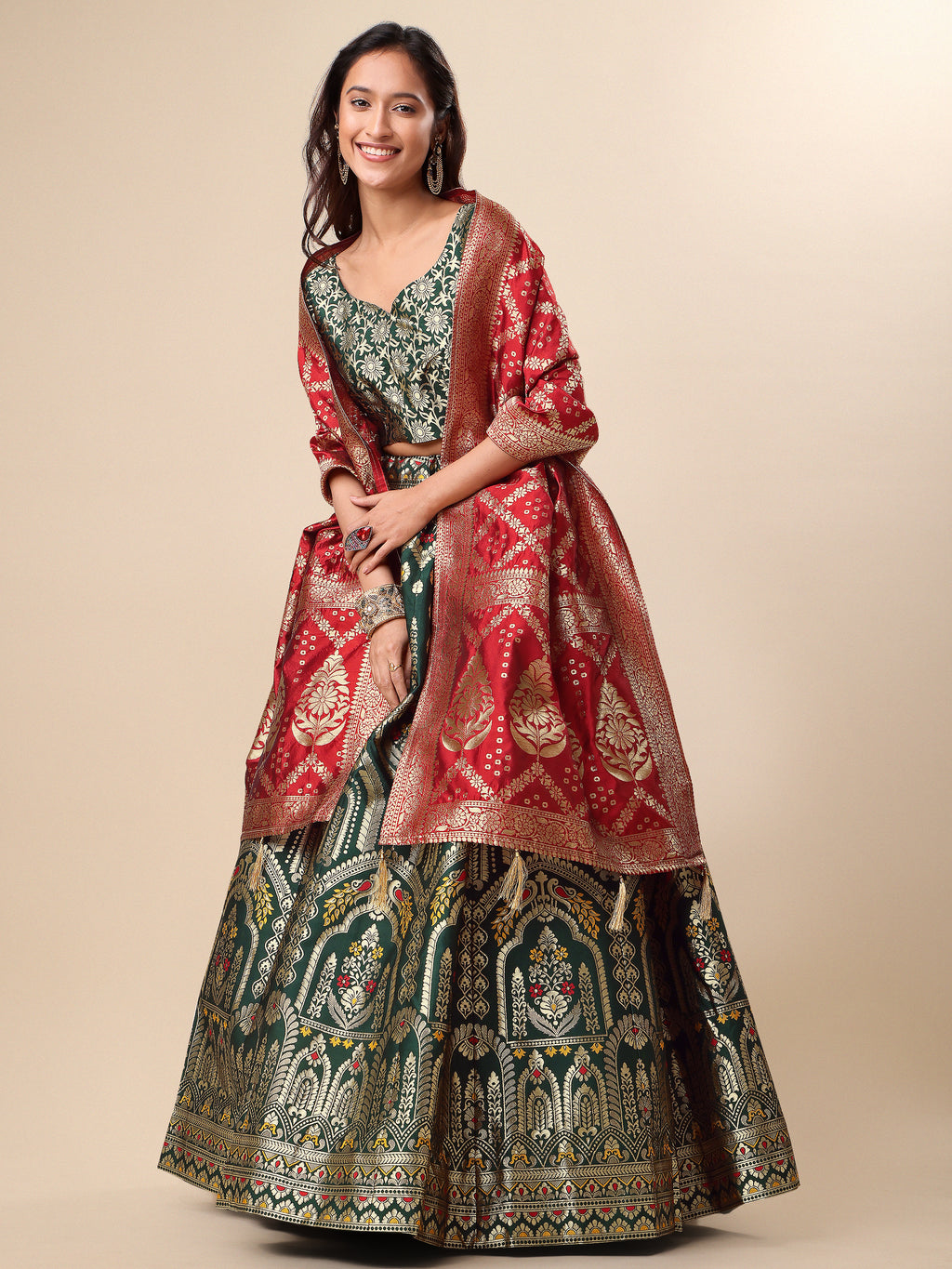 Women Green Embellished Print Lehenga