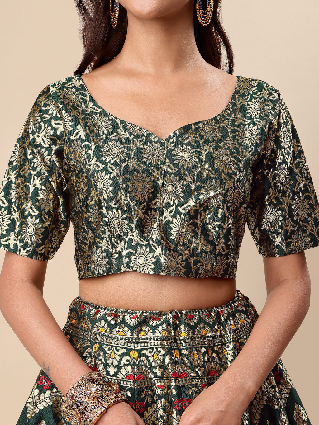 Women Green Embellished Print Lehenga