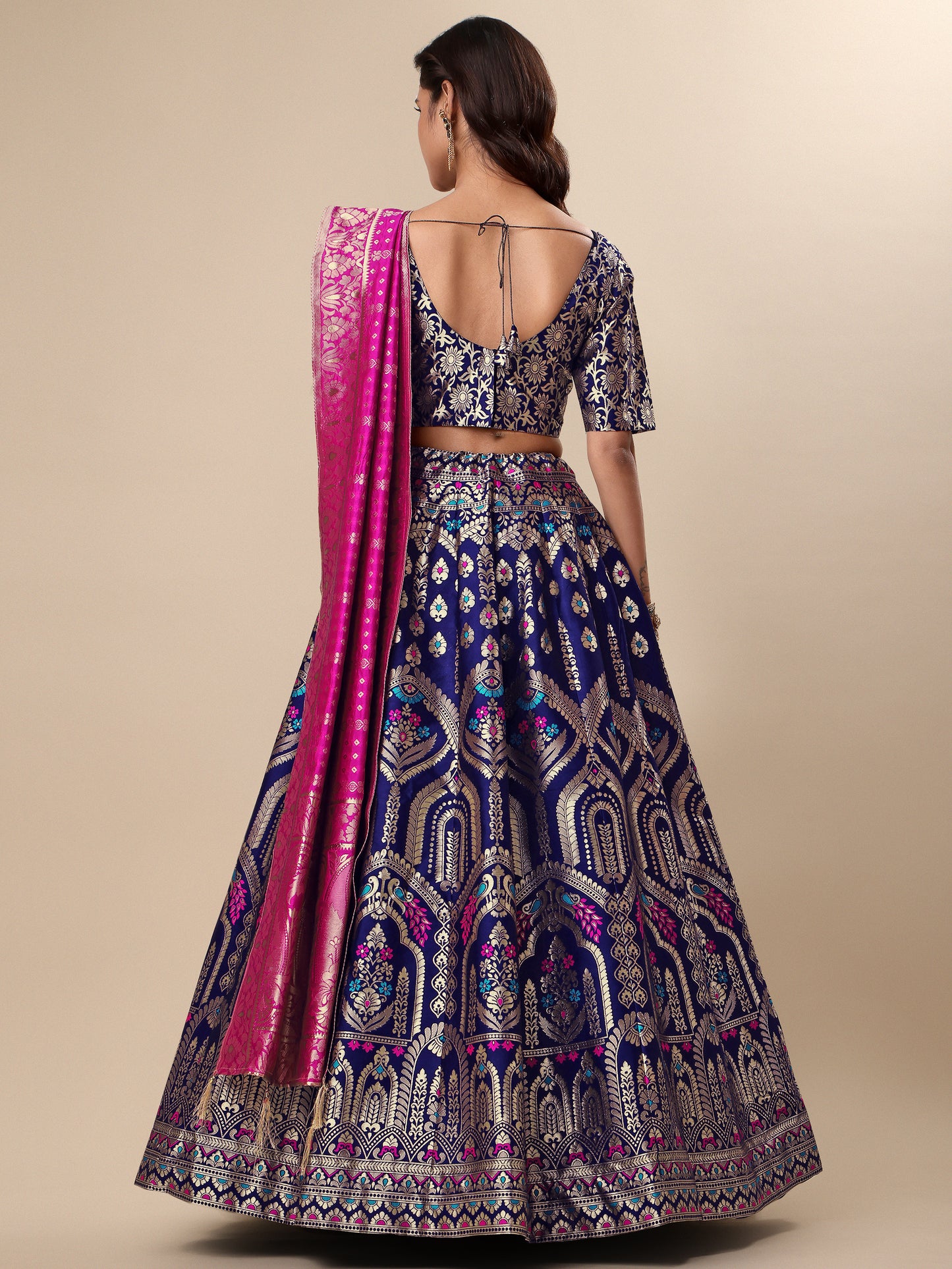 Women Navy Blue Embellished Print Lehenga