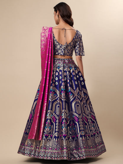 Women Navy Blue Embellished Print Lehenga