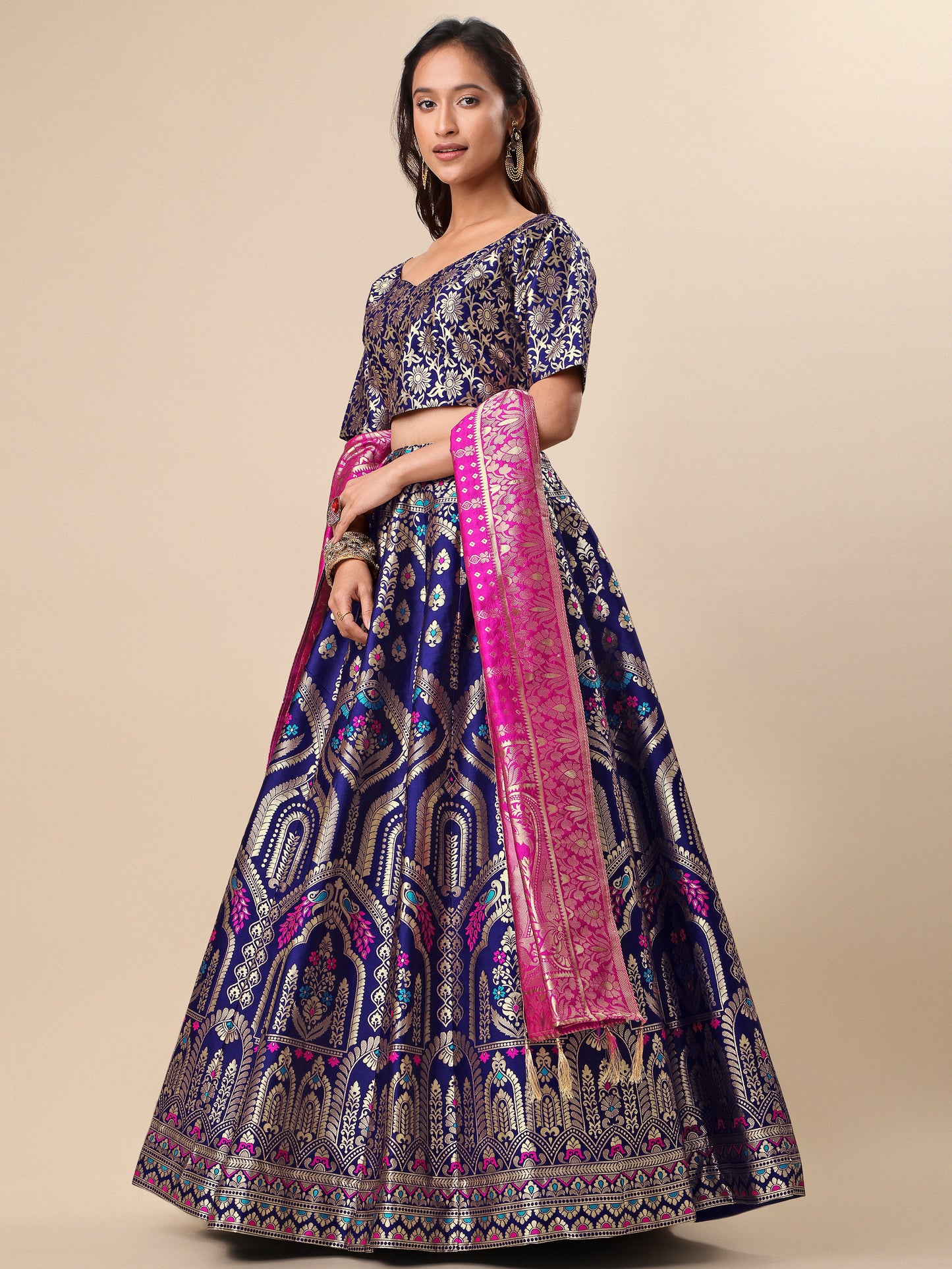 Women Navy Blue Embellished Print Lehenga