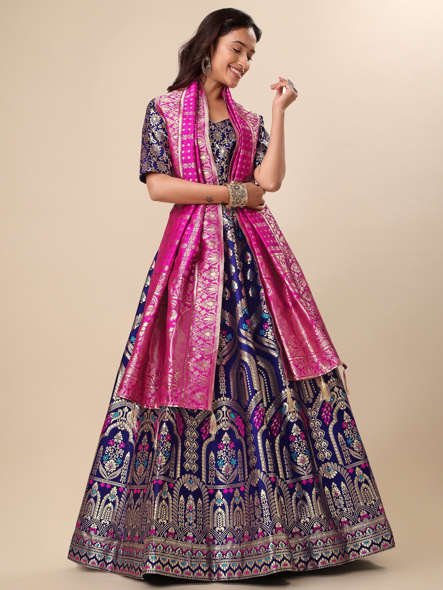 Women Navy Blue Embellished Print Lehenga