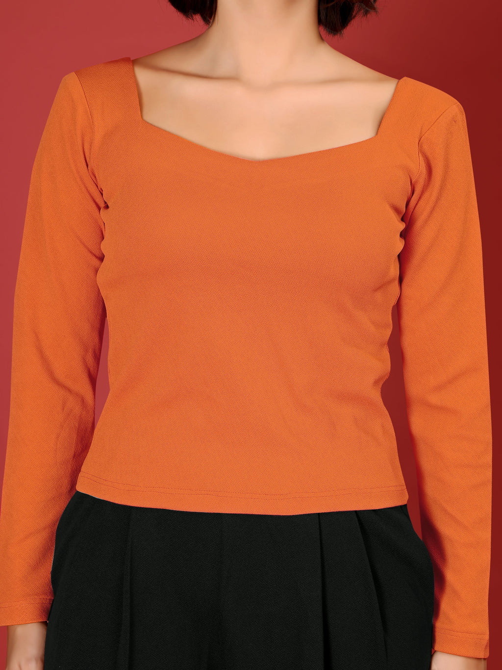 Women Fitted Tee Full Sleeve sweetheart Straight Solid Top