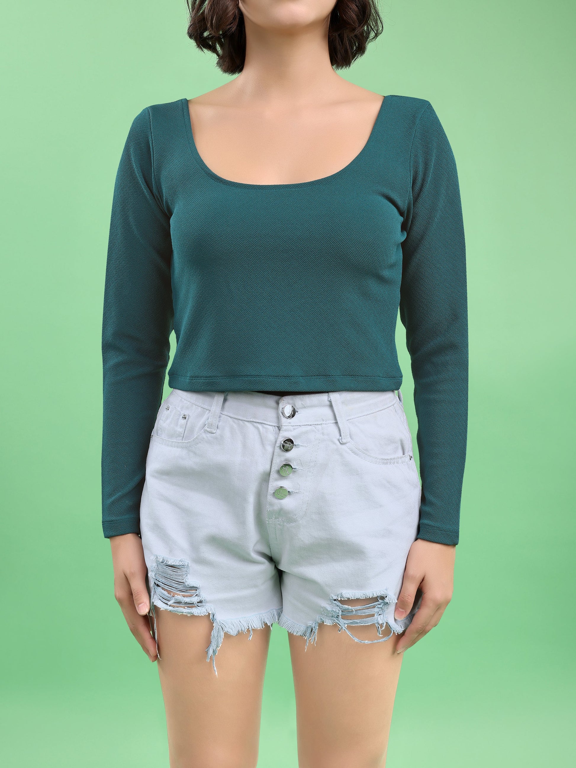 Women Slim Fit Full Sleeve Round Straight Solid Top