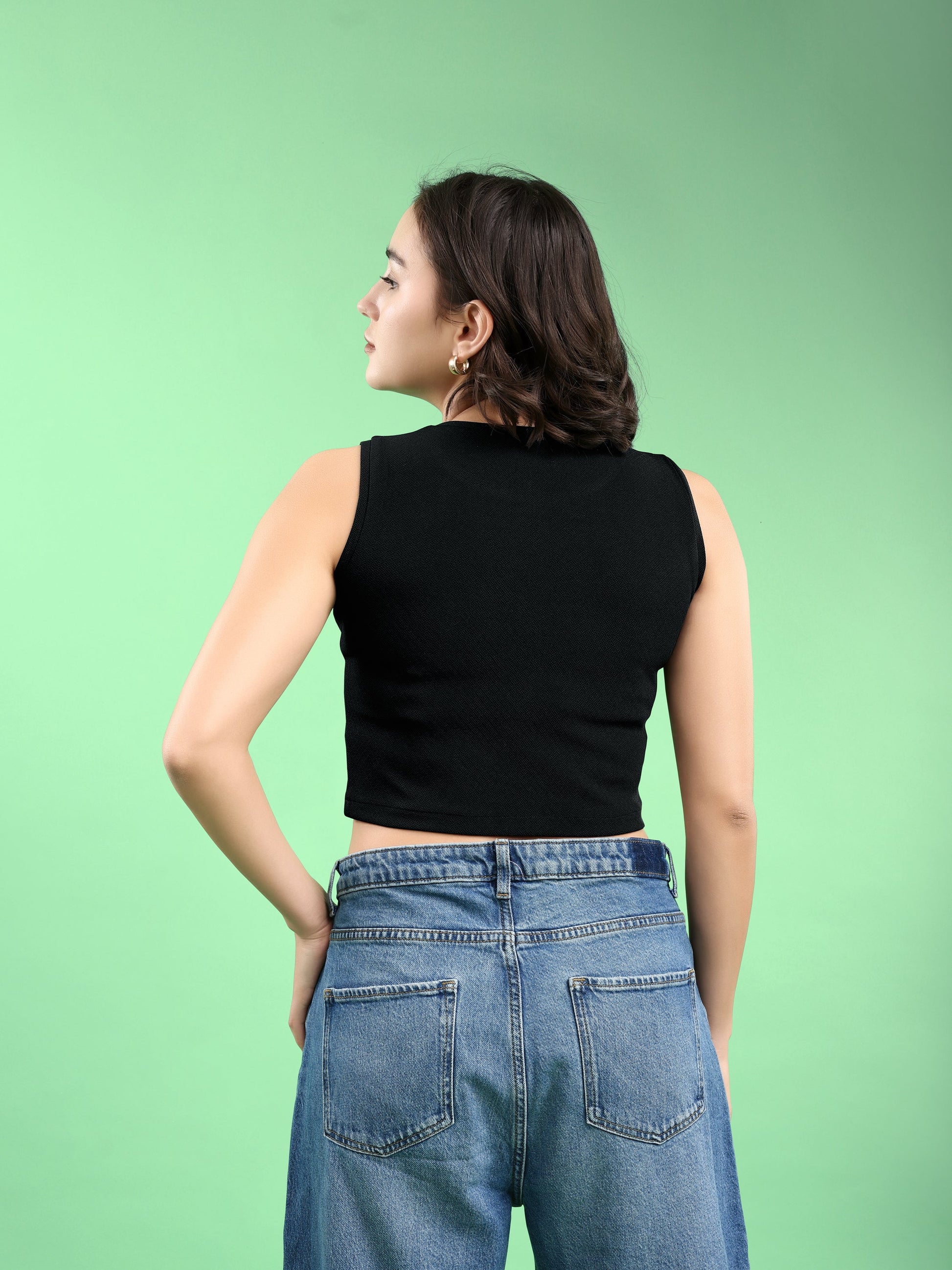 Women Crop Top Sleeveless Round Straight Solid Top