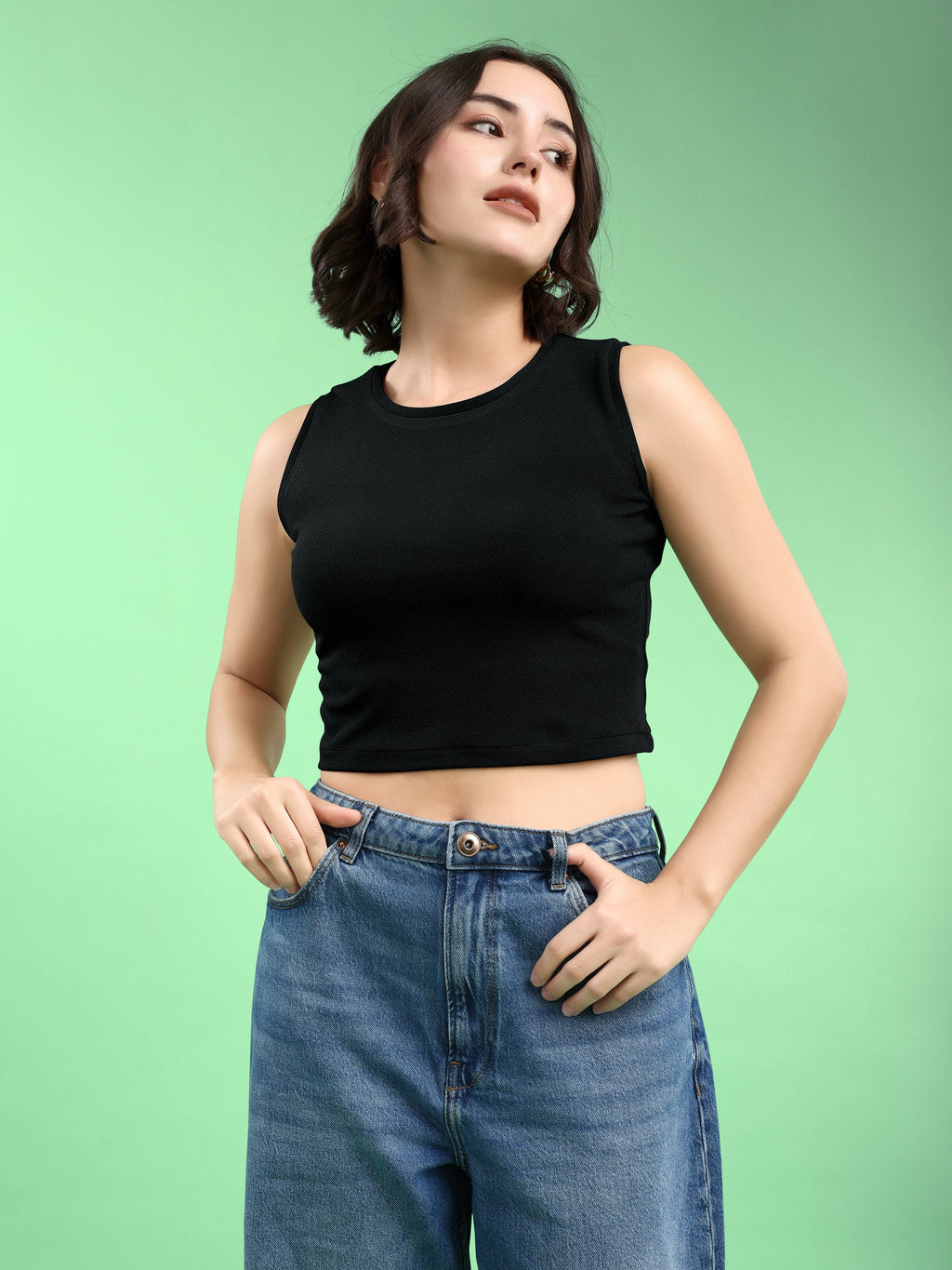 Women Crop Top Sleeveless Round Straight Solid Top