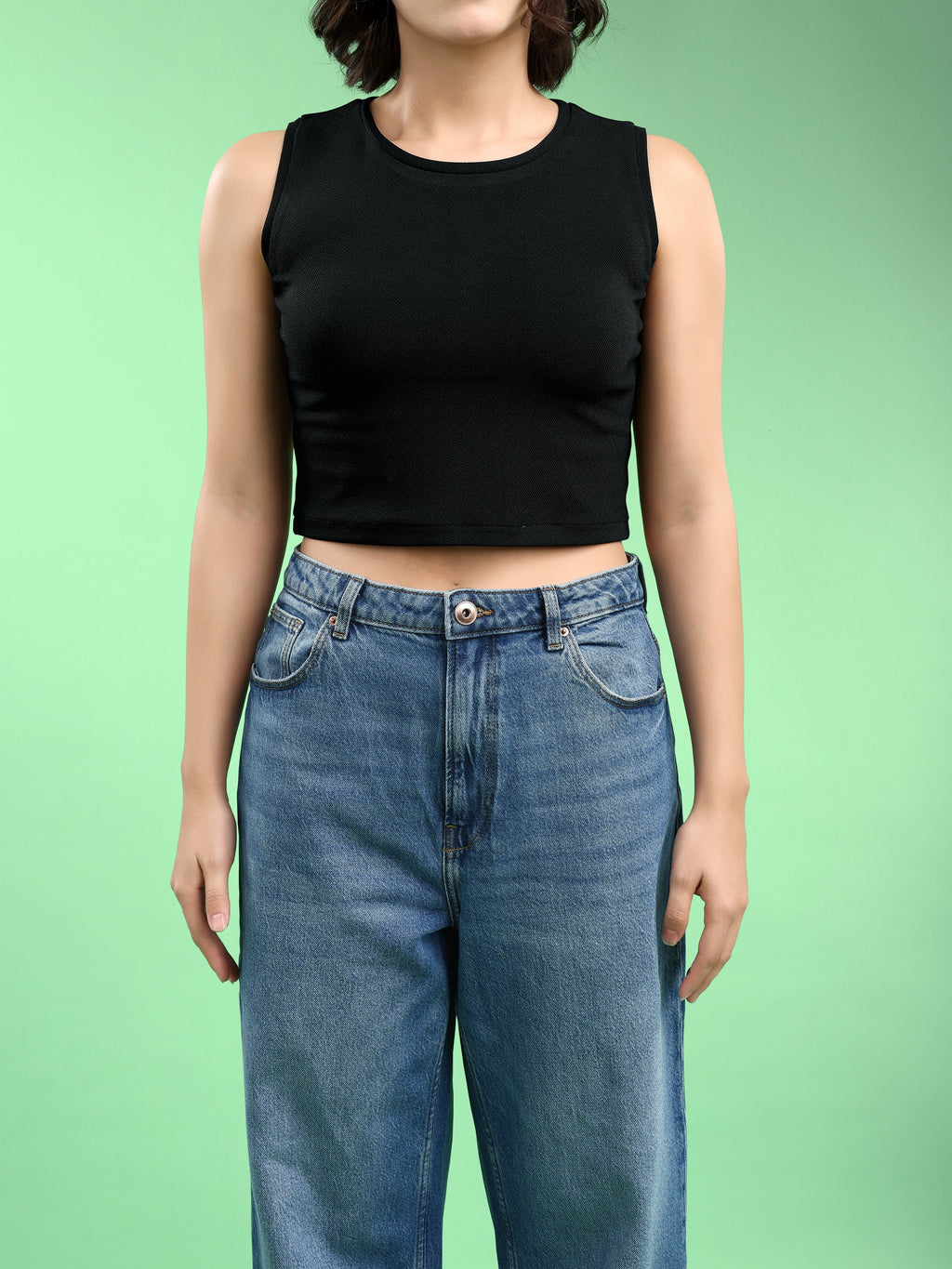 Women Crop Top Sleeveless Round Straight Solid Top
