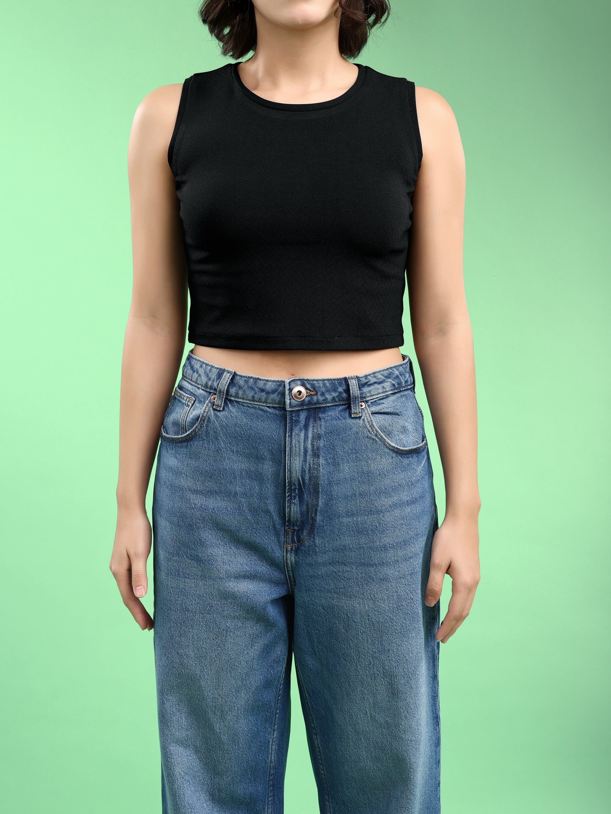 Women Crop Top Sleeveless Round Straight Solid Top