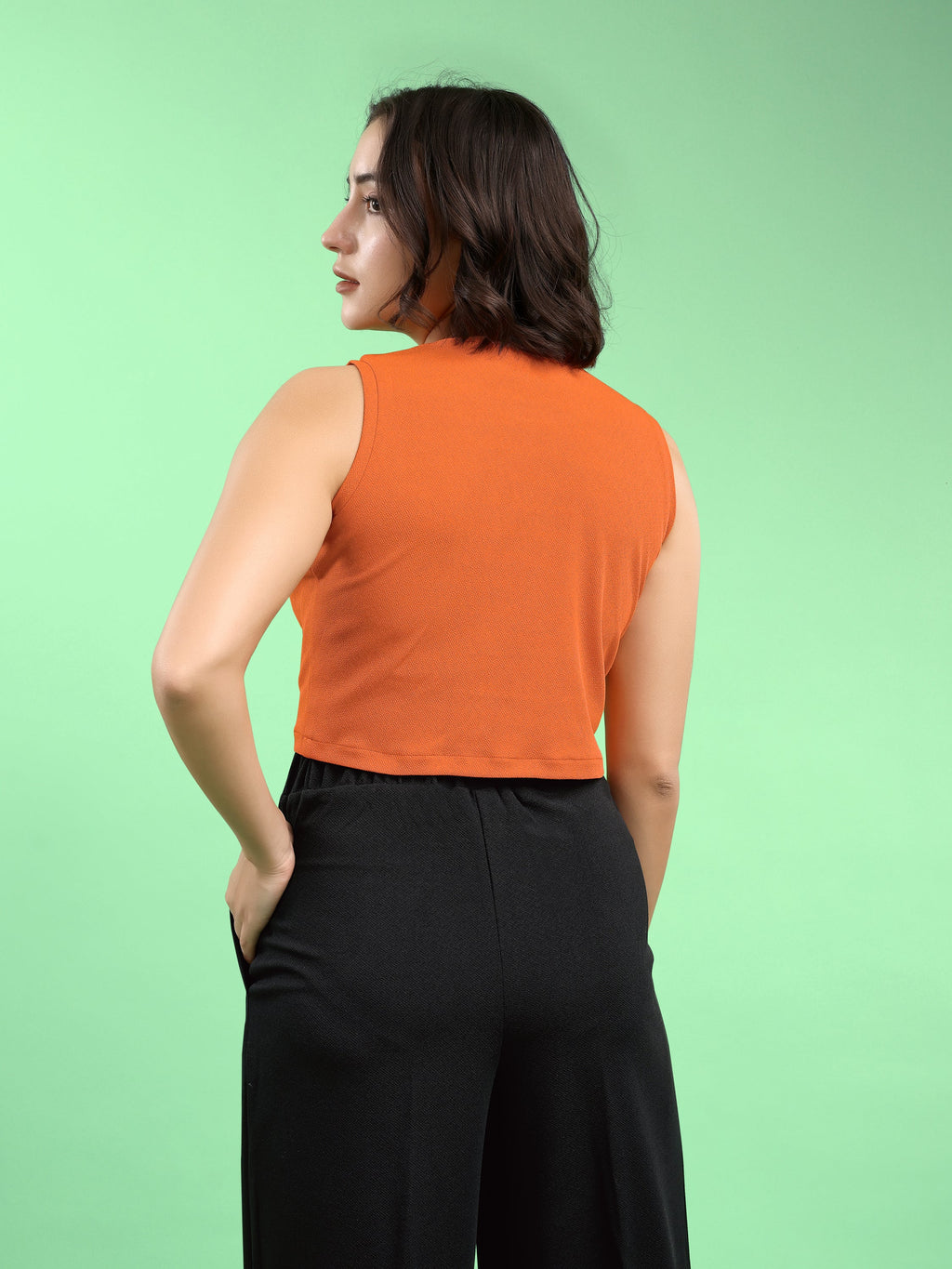 Women Crop Top Sleeveless Round Straight Solid Top