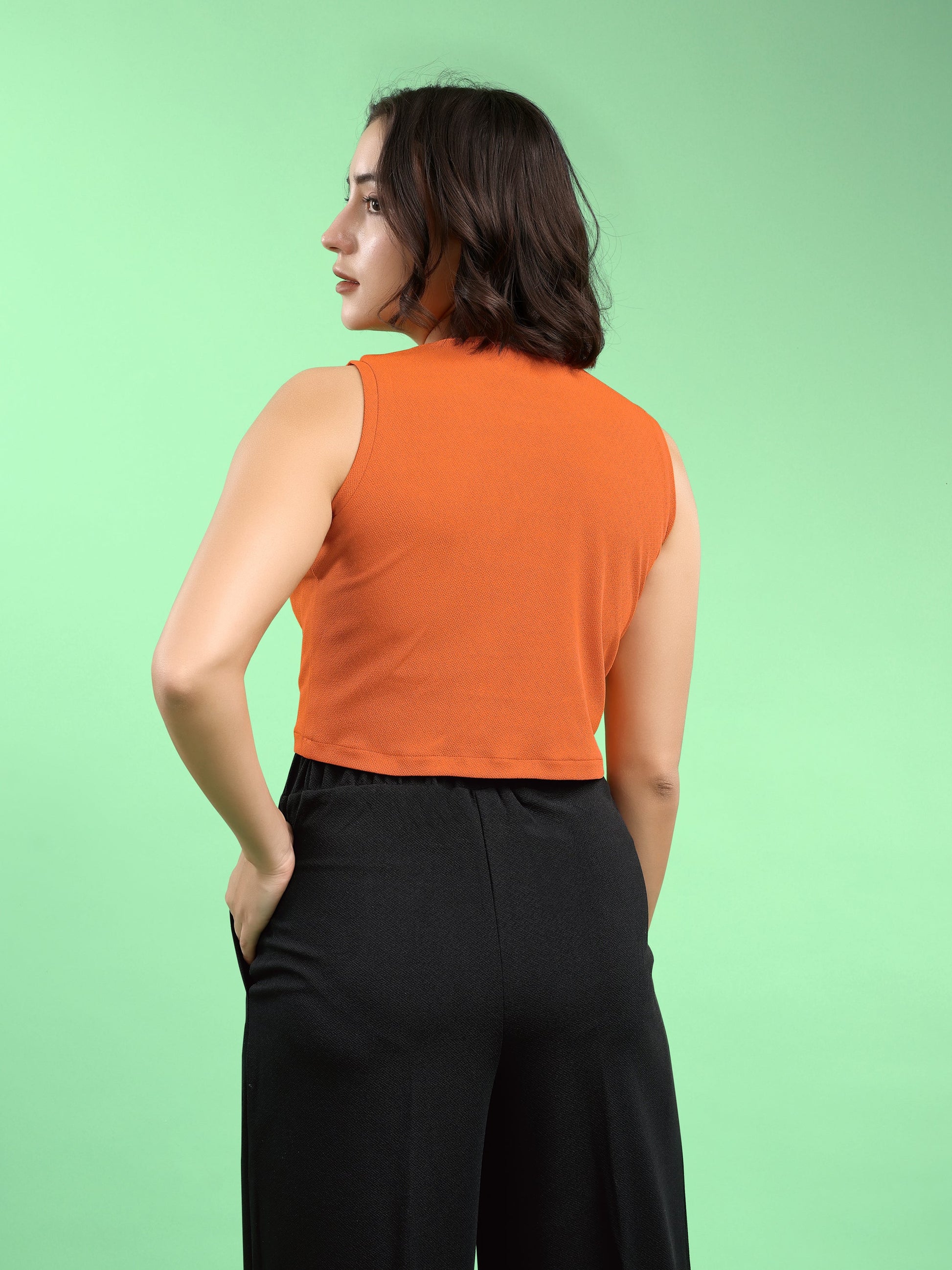 Women Crop Top Sleeveless Round Straight Solid Top