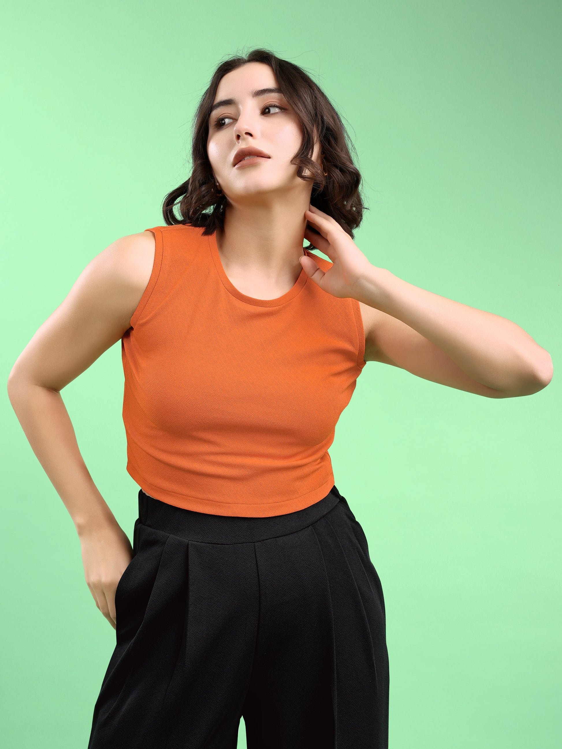 Women Crop Top Sleeveless Round Straight Solid Top