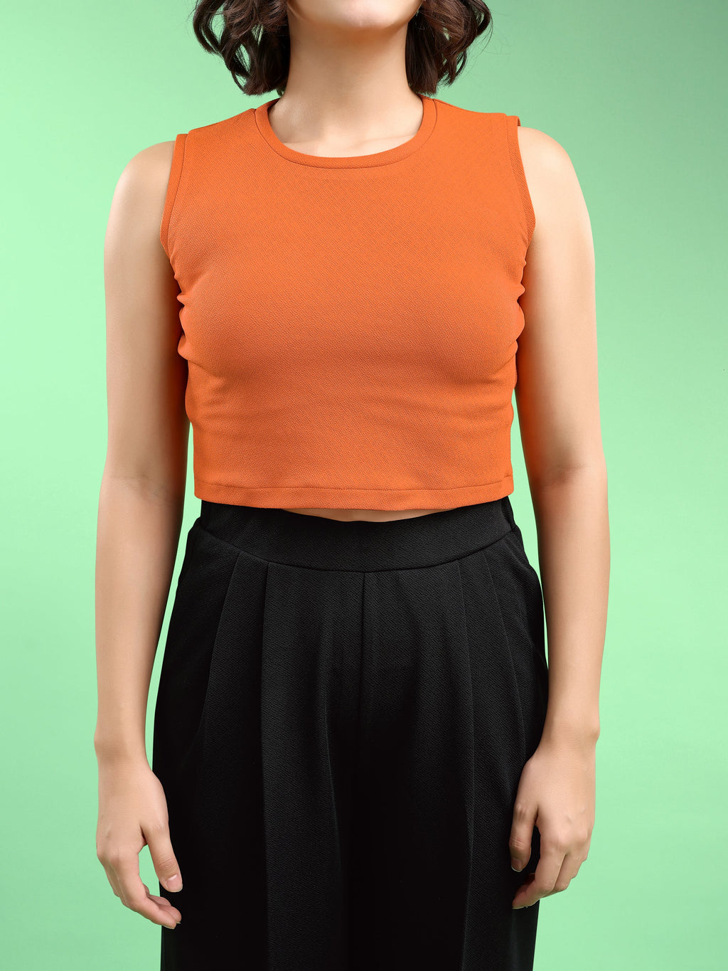 Women Crop Top Sleeveless Round Straight Solid Top