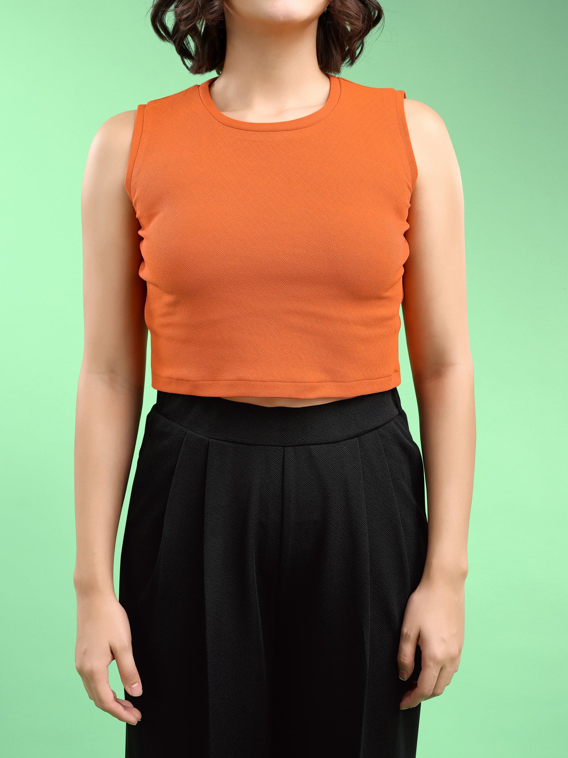 Women Crop Top Sleeveless Round Straight Solid Top