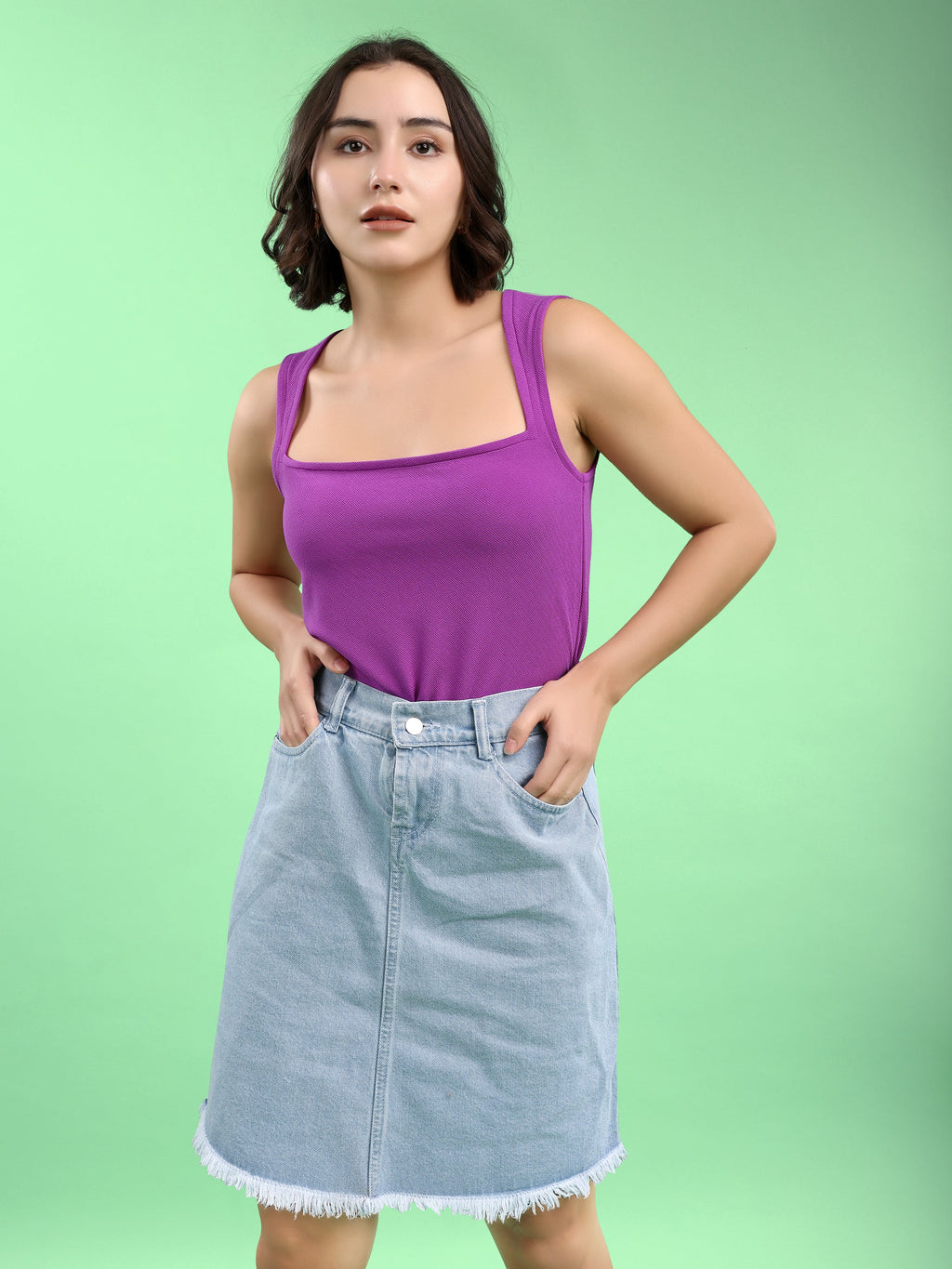 Women Crop Top Sleeveless Queen Anne Straight Solid Top