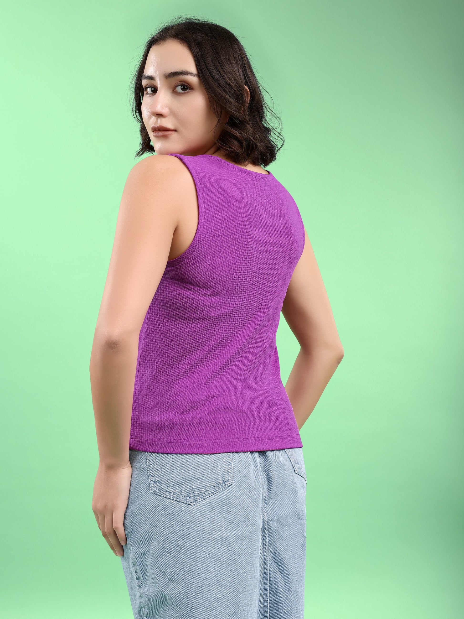 Women Crop Top Sleeveless Queen Anne Straight Solid Top