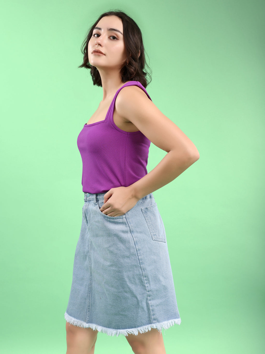 Women Crop Top Sleeveless Queen Anne Straight Solid Top