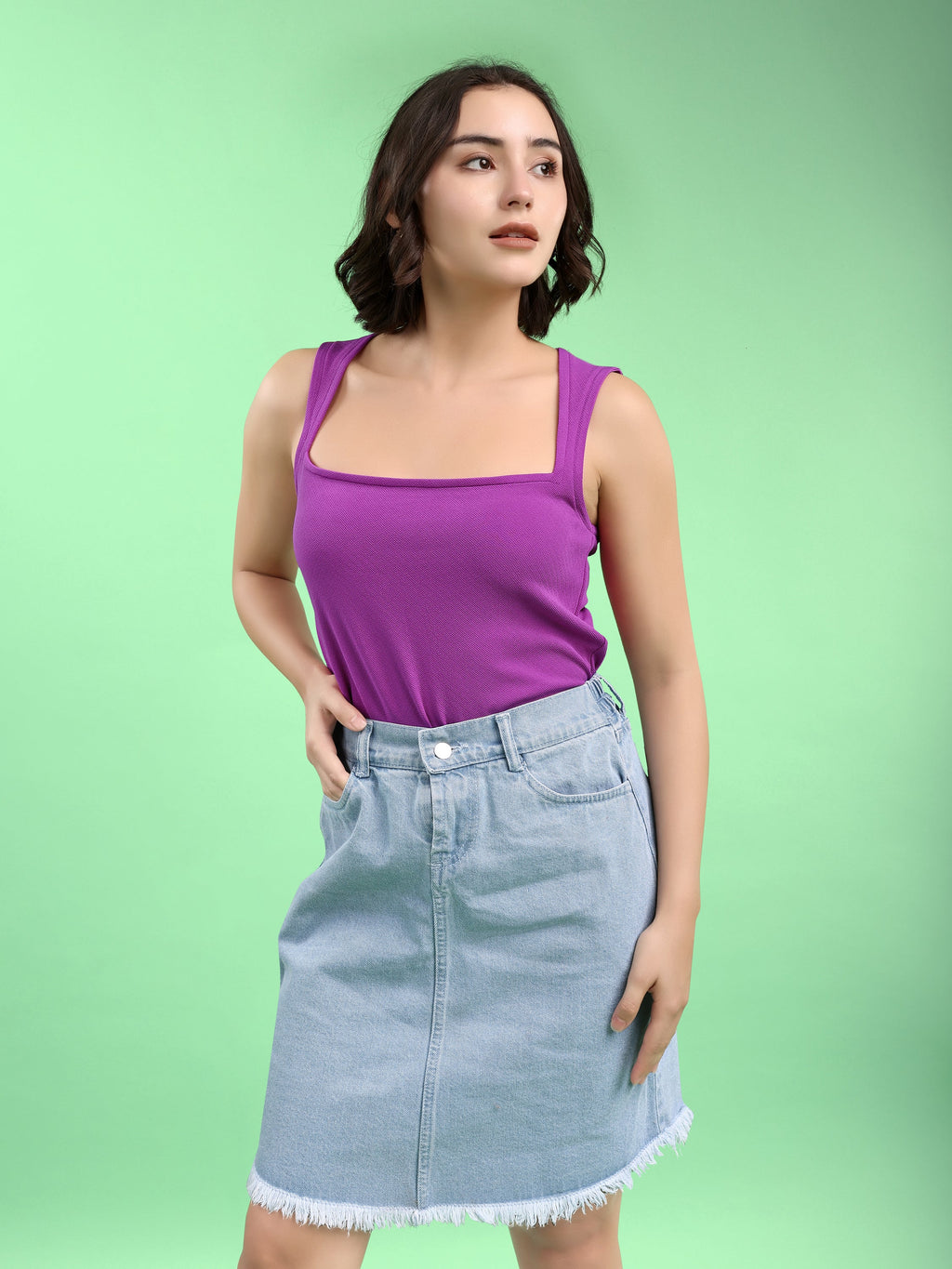 Women Crop Top Sleeveless Queen Anne Straight Solid Top