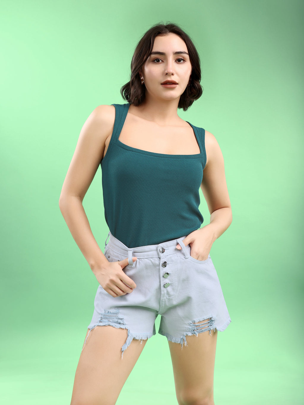 Women Crop Top Sleeveless Queen Anne Straight Solid Top